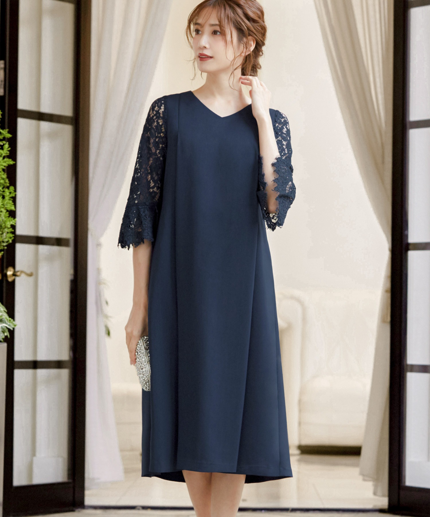 マタニティ 授乳服 レーススリーブaライン結婚式ワンピース 二次会 成人式 同窓会 謝恩会 お呼ばれ対応フォーマルパーティードレス