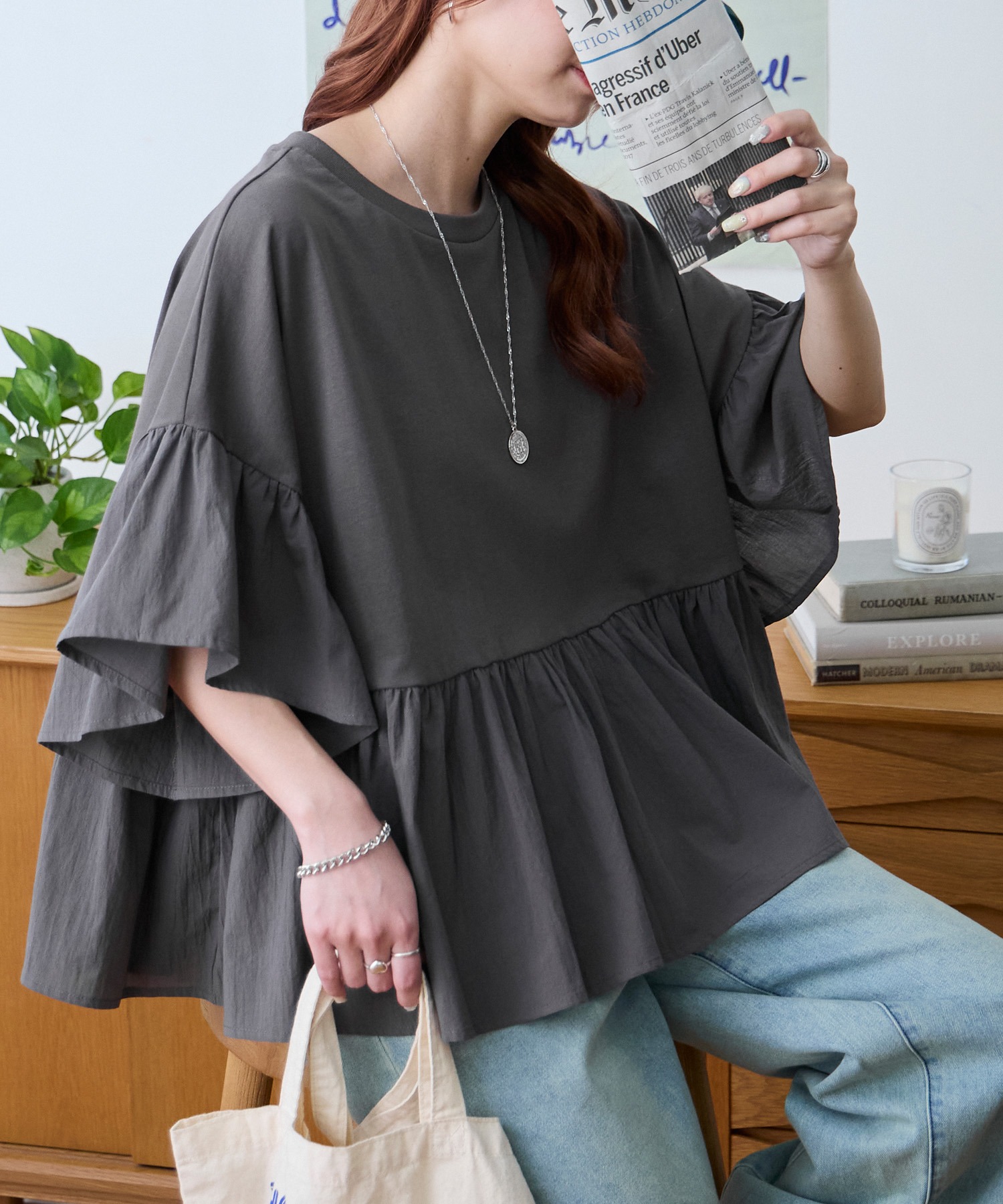 フリル ドッキング ハイウエスト切替 オーバーサイズ Tシャツ MONO
