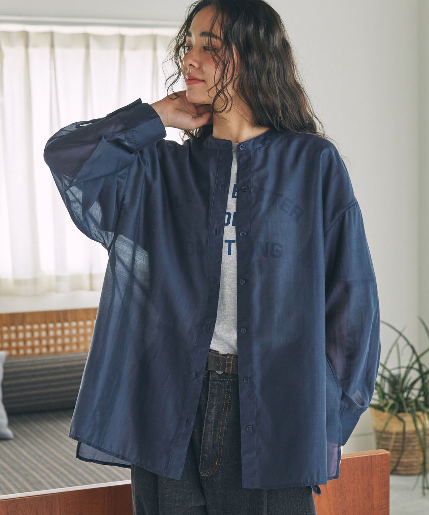 バンドカラー オーバーサイズ シアーシャツ ≪冷房対策/体型