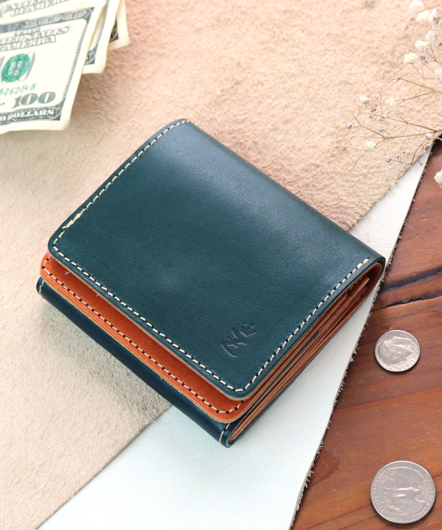 ZARIO-grandee-栃木レザーバイカラーダブルフラップ式コンパクト二つ折り財布