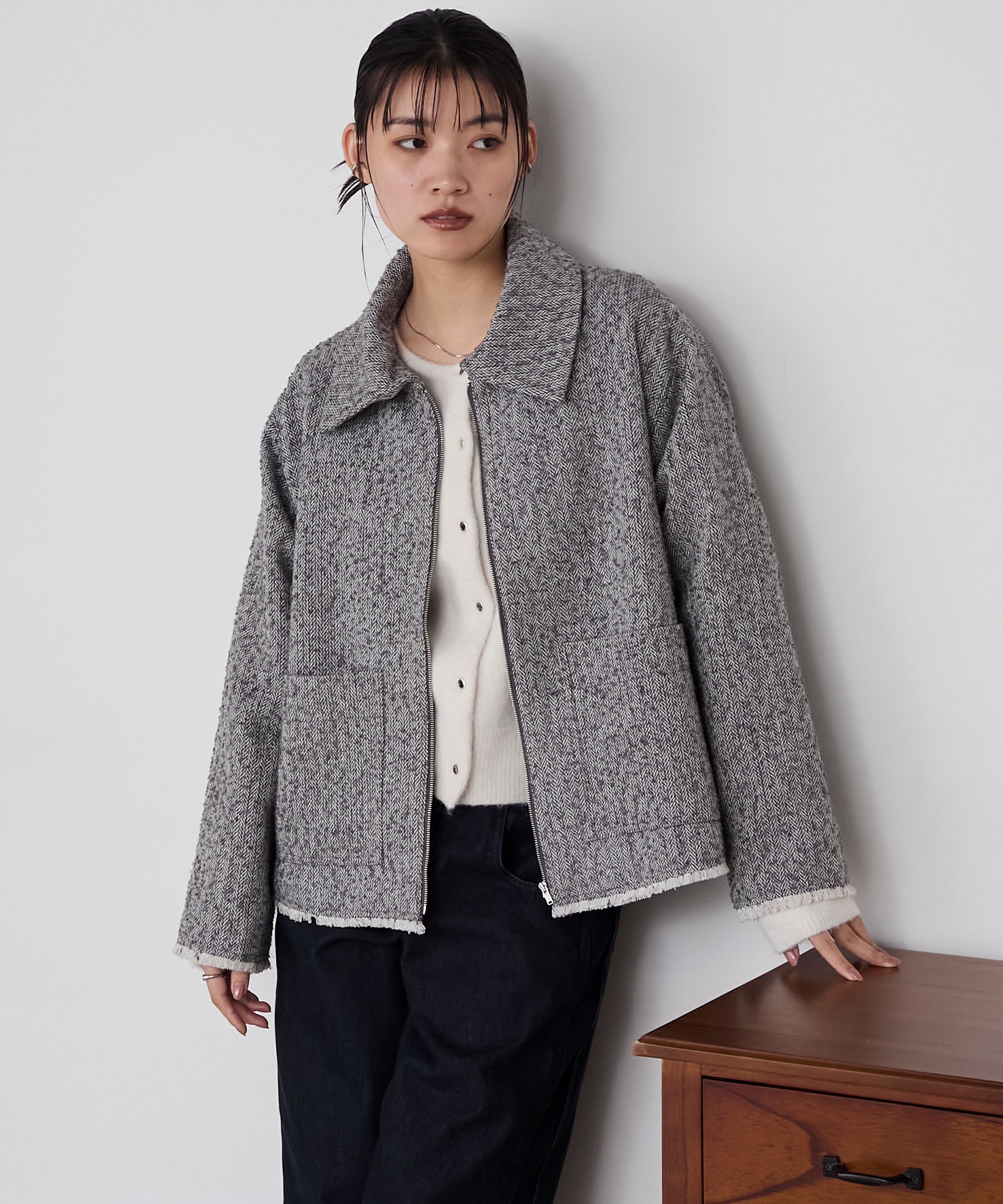 forksy.】ヘリンボーンフリンジ衿付きファスナージャケット forksy