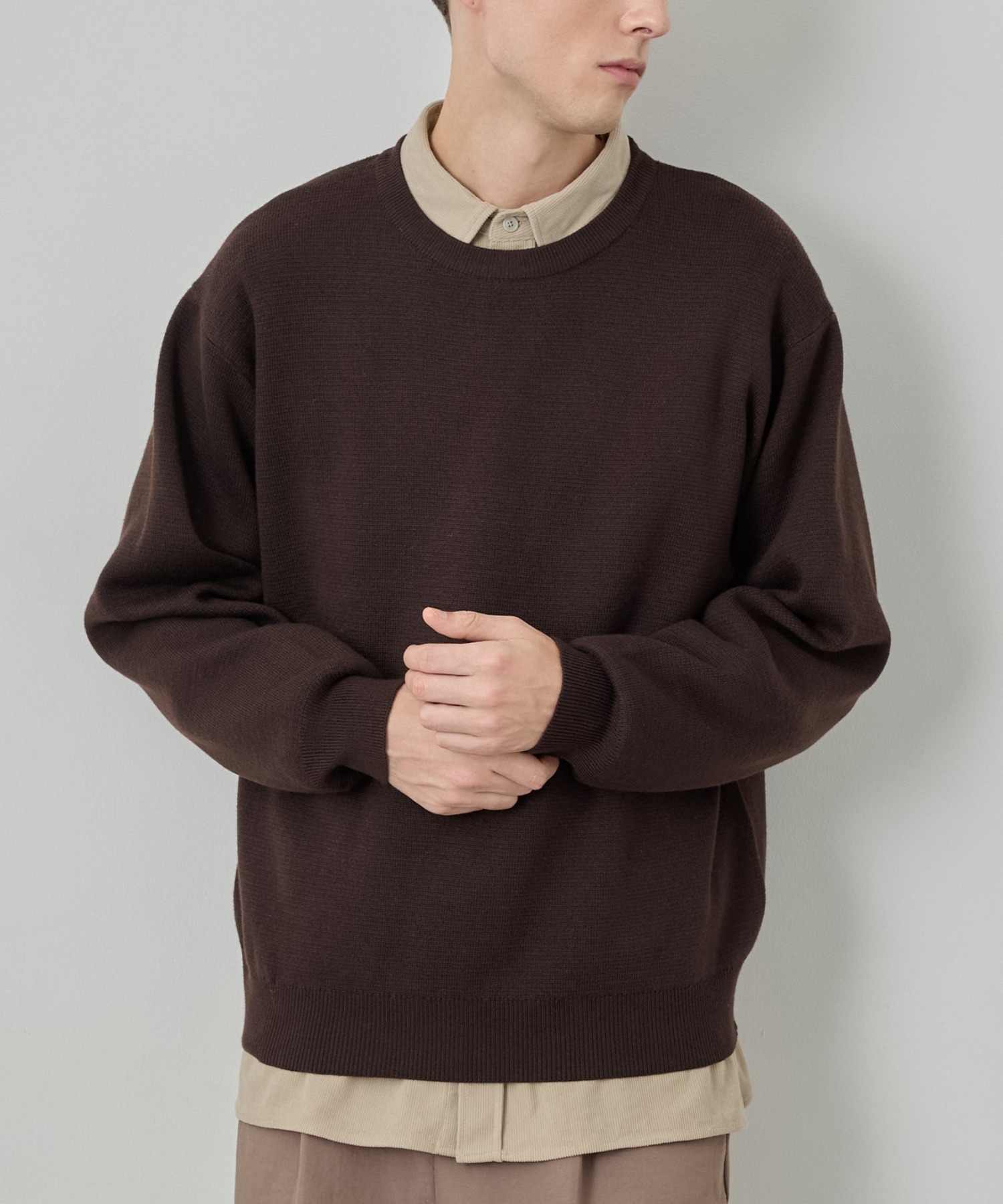 Shin 新品MALOマーロウールカシミアモックネックニットダークブラウン EASENCE】ミラノリブ ベーシック クルーネックニット / マシン