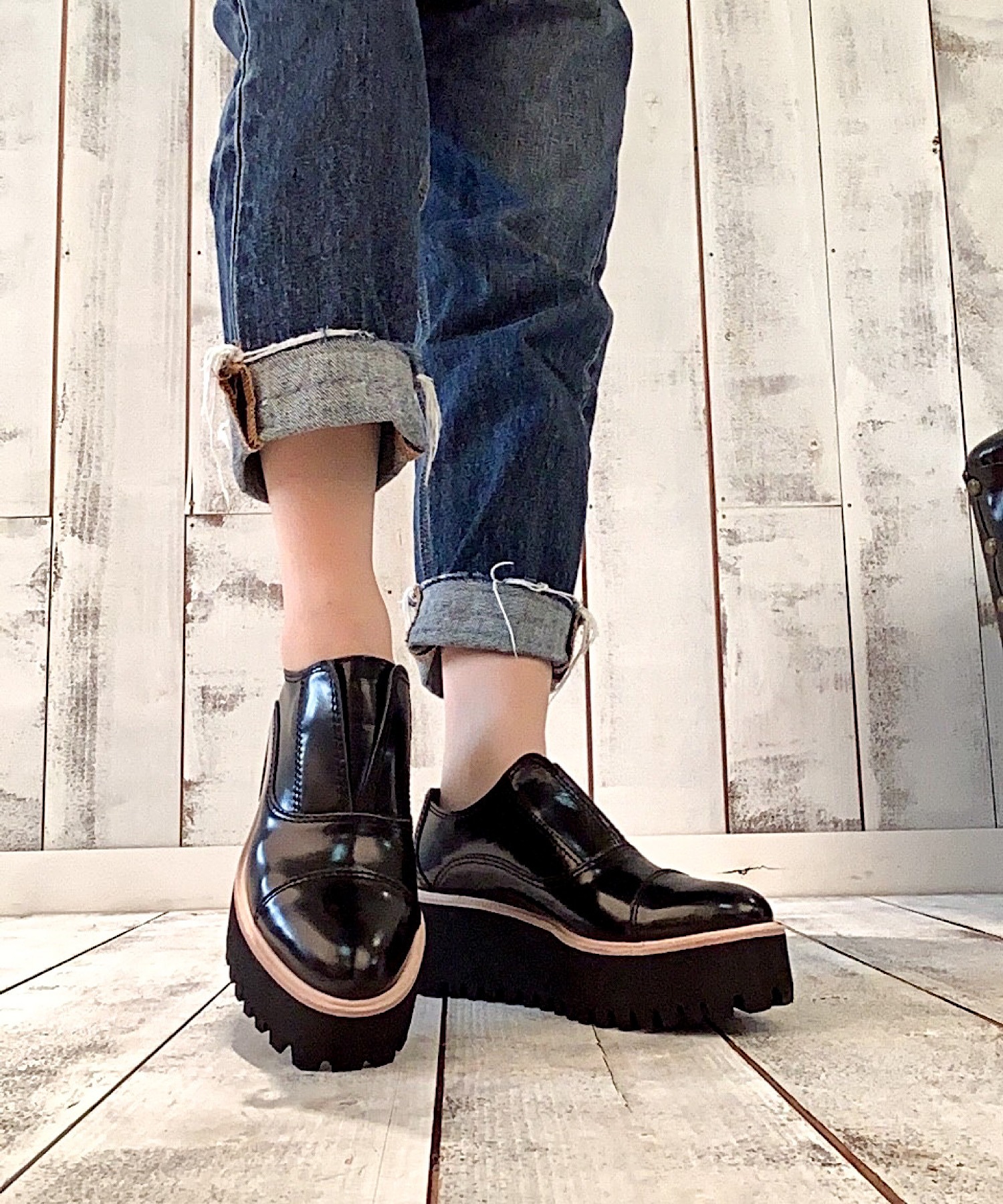 ジェフリーキャンベル　キャタピラーシューズ　厚底 本革/軽量/330g】キャタピラーソールシューズ ALL BLACK