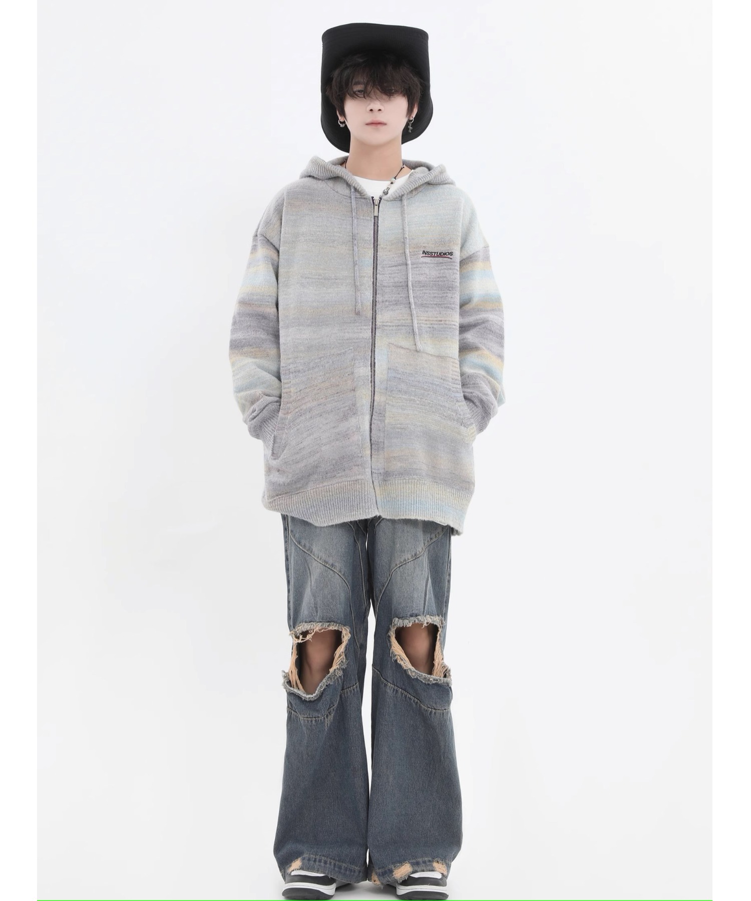 パーカー A'GEM/9 × .kom「INSstudios/インスステュディオス」ミックスカラージップアップニットパーカー レディース メンズ A'GEM/9 × .kom『INSstudios/インスステュディオス』ミックス