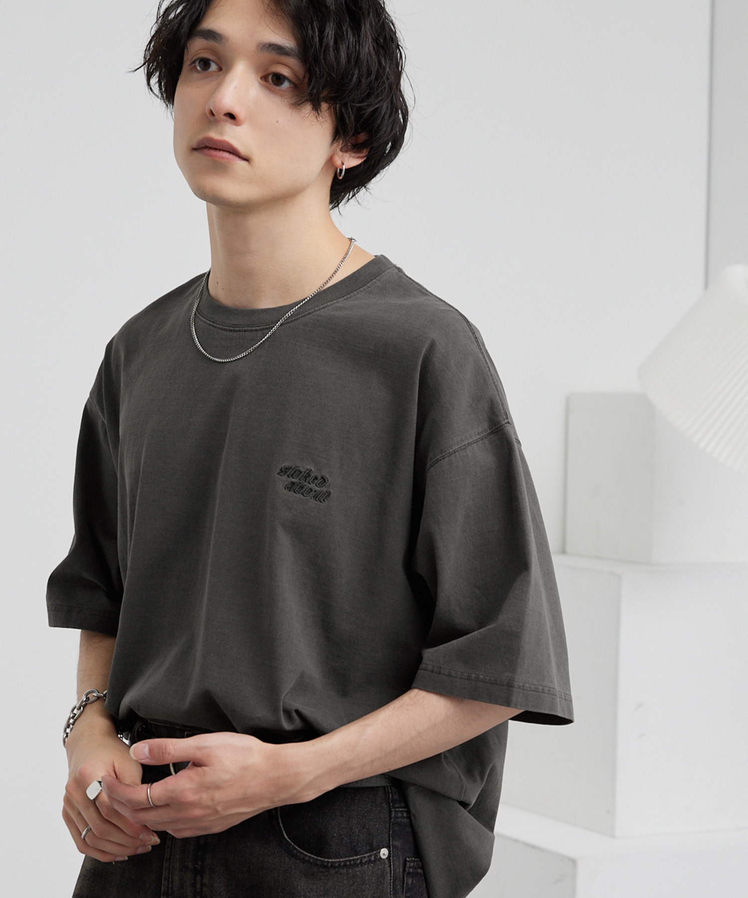 ピグメント加工ワンポイント刺繍オーバーサイズ半袖Tシャツ MONO-MART
