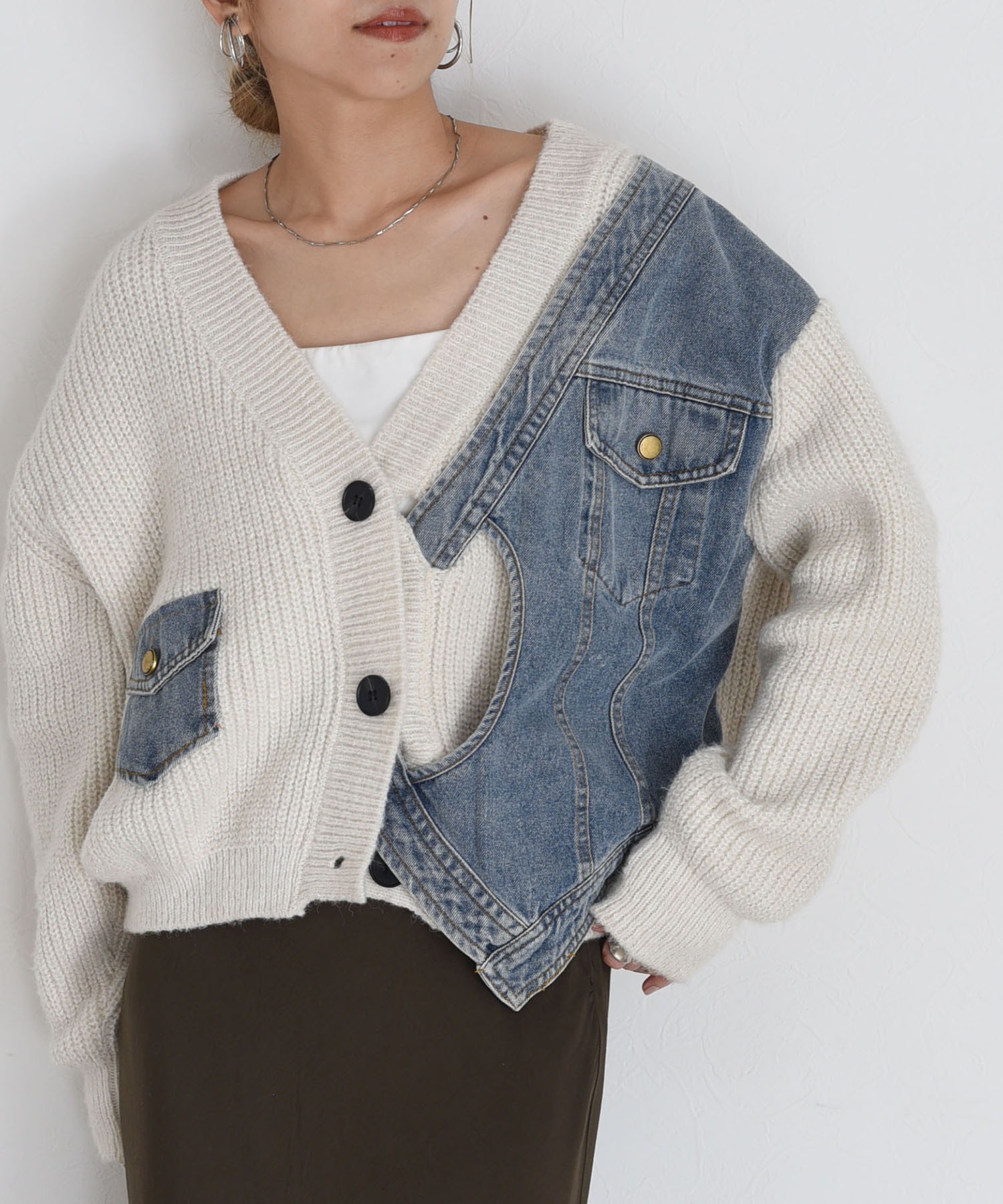 MIKIページ デニムドッキングニットカーデ Eimee Law│Eimee Law & LHELBIE