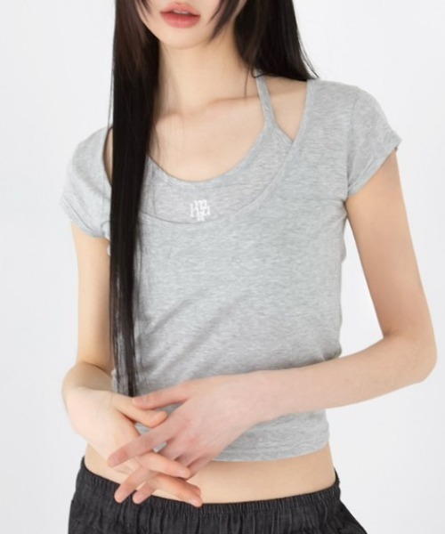 tシャツ A'GEM/9 × .kom 「muah muah/ムーアムーア」LAYERED STRAP HALF T-SHIRT/レイヤードストラップ A'GEM/9 × .kom 『muah muah/ムーアムーア』LAYERED STRAP HALF