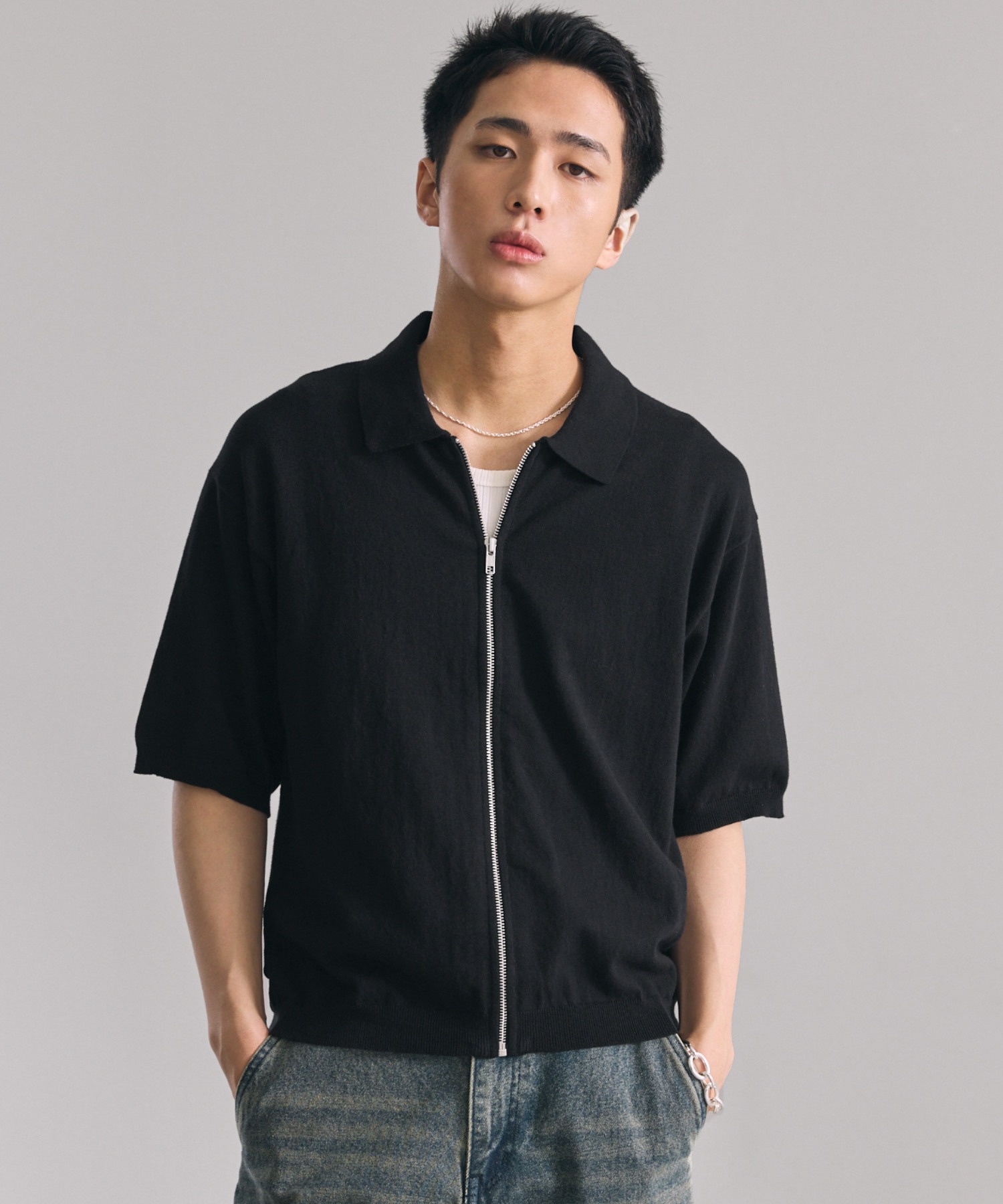 LUENNA Half Sleeve Zip Knit Shirt — вязаная футболка с коротким рукавом и молнией