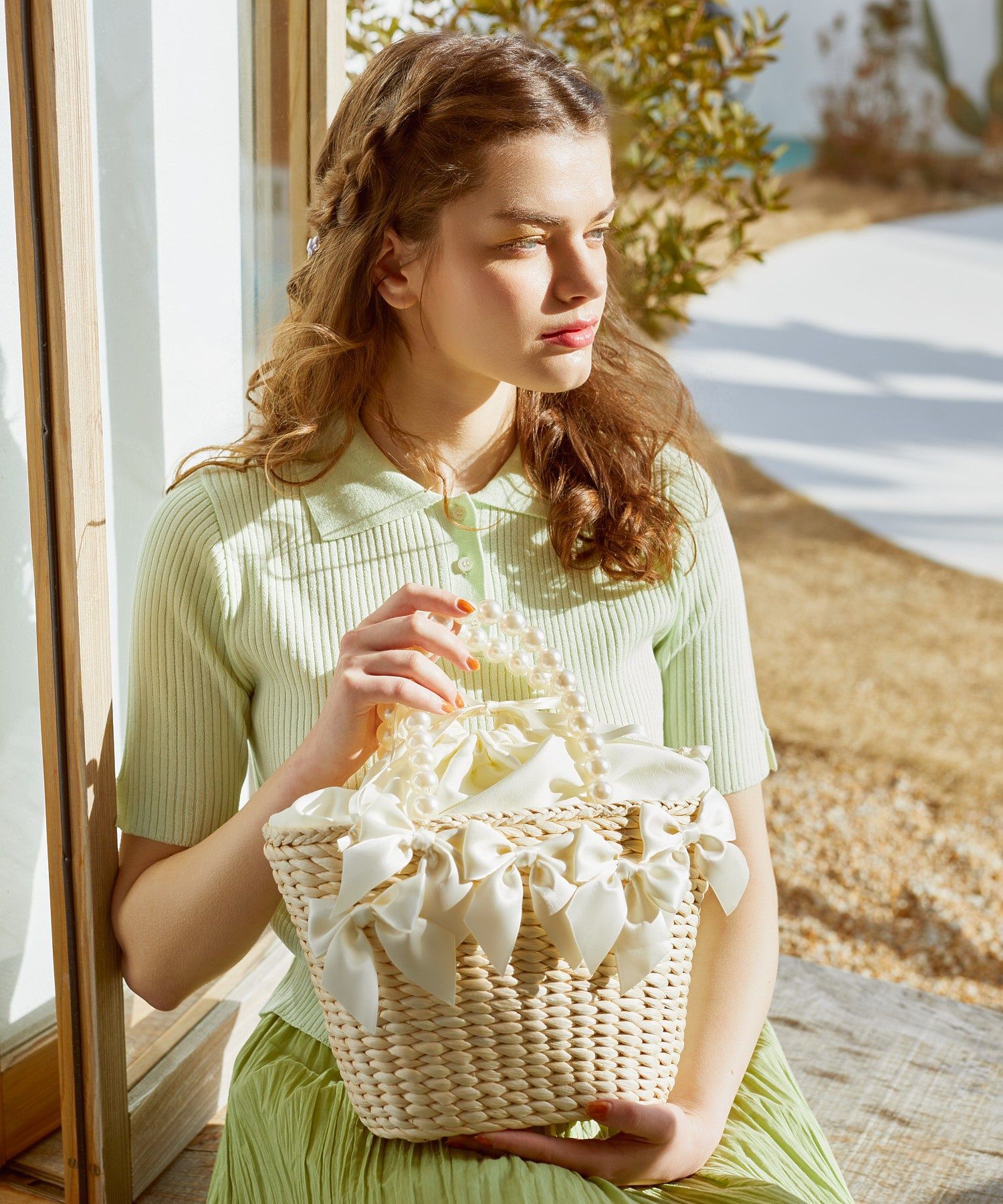 パールハンドルメイズリボンカゴバッグ 安い