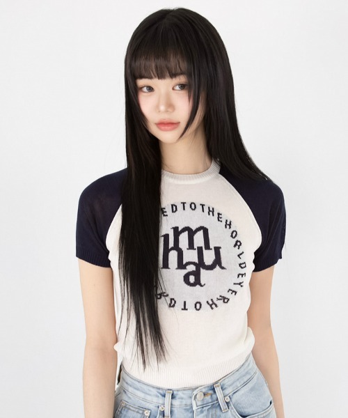 tシャツ A'GEM/9 × .kom 「muah muah/ムーアムーア」 JACQUARD LOGO RAGLAN HALF KNIT/ジャカード A'GEM/9 × .kom 『muah muah/ムーアムーア』 JACQUARD LOGO