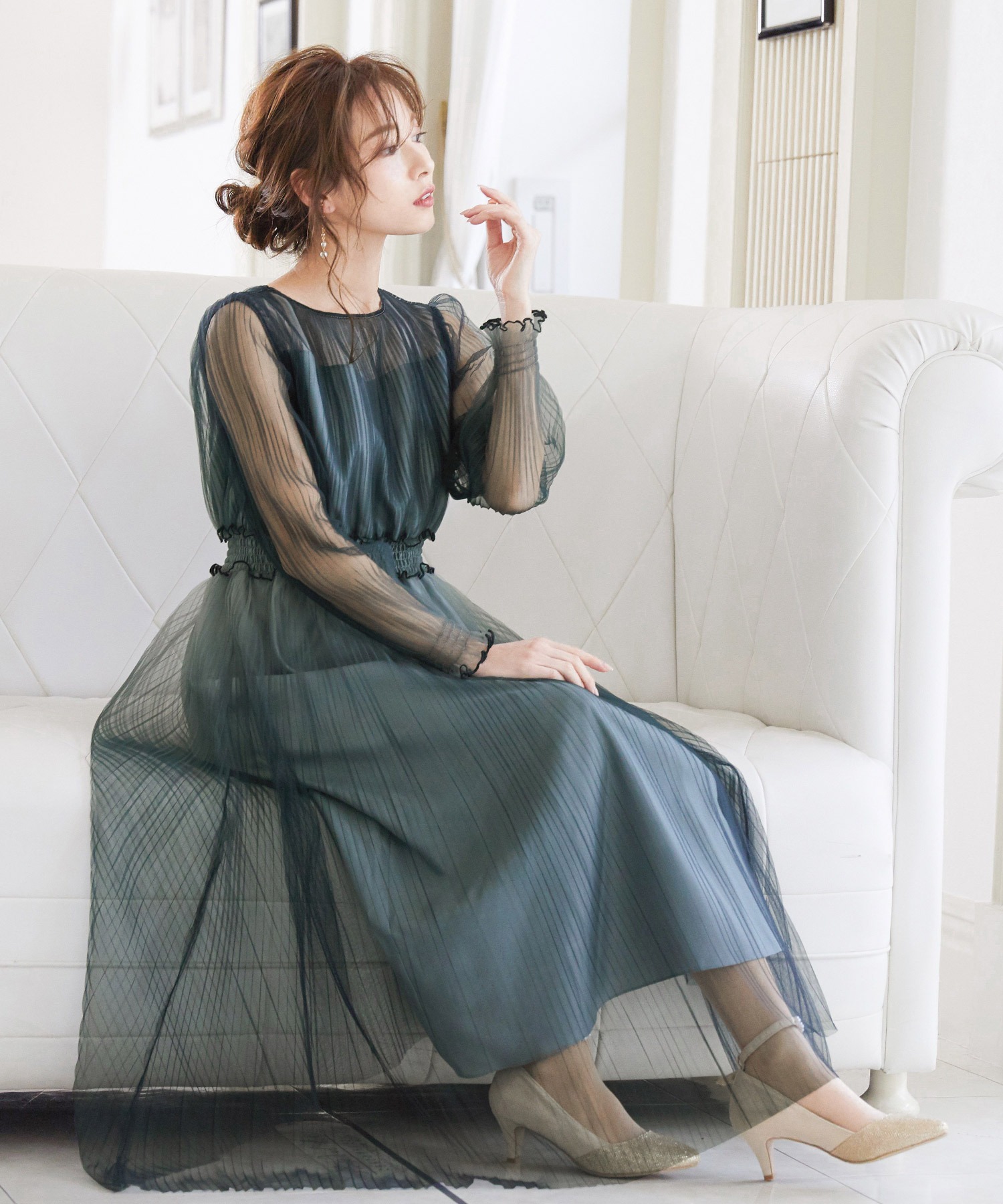 国産品 グラデーションチュールプリーツワンピース 結婚式 ドレス