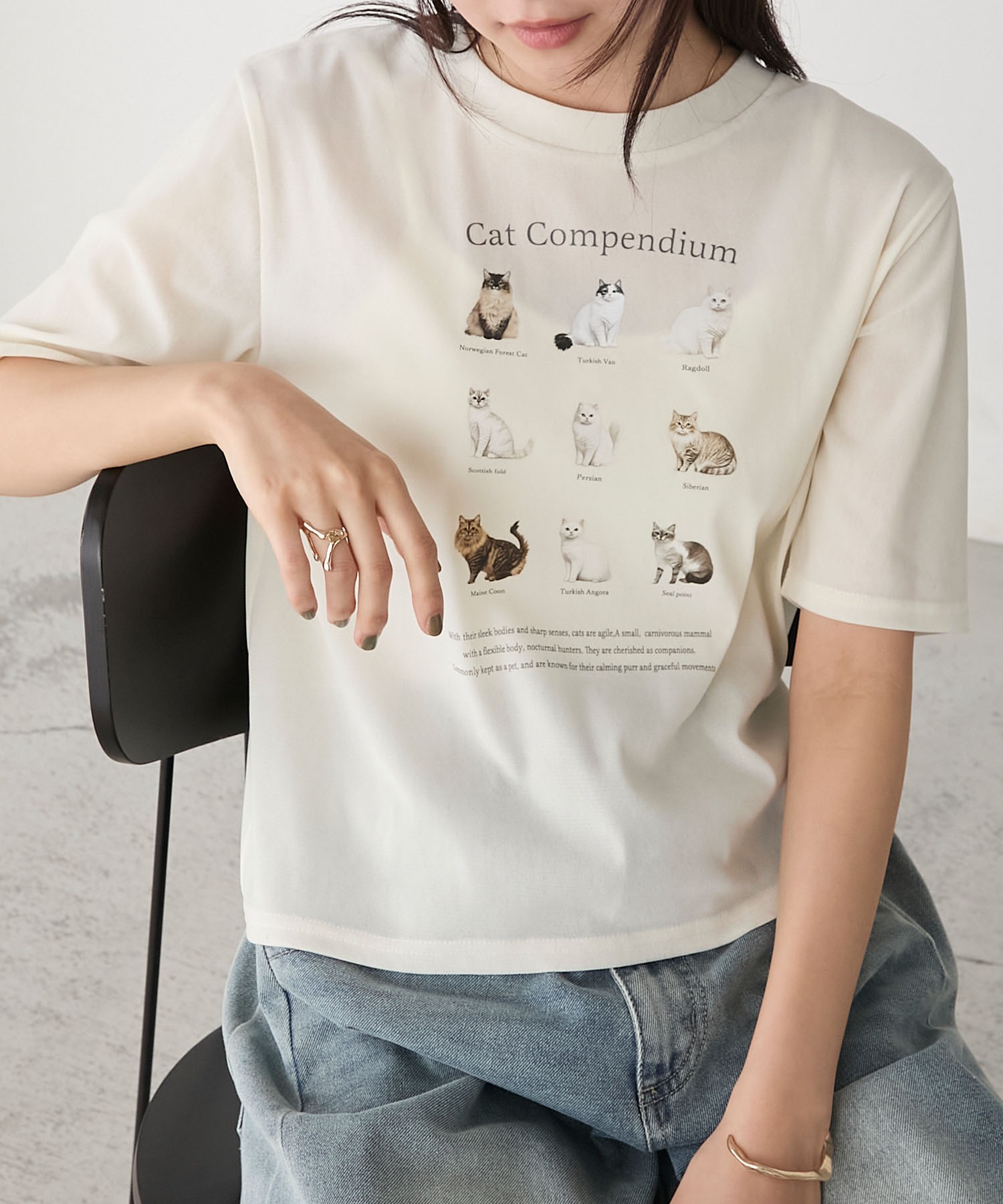 きゃっと forksy.】キャットプリント カットシアーベロア Tシャツ forksy