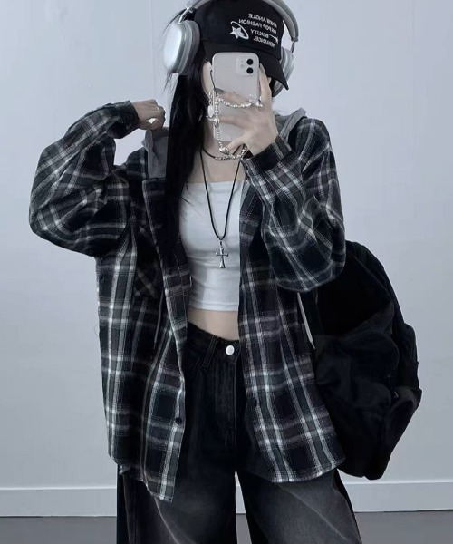 A'GEM/9 × .kom 『.KOM/ドットケーオーエム』HOOD LAYERED CHECK SHIRT