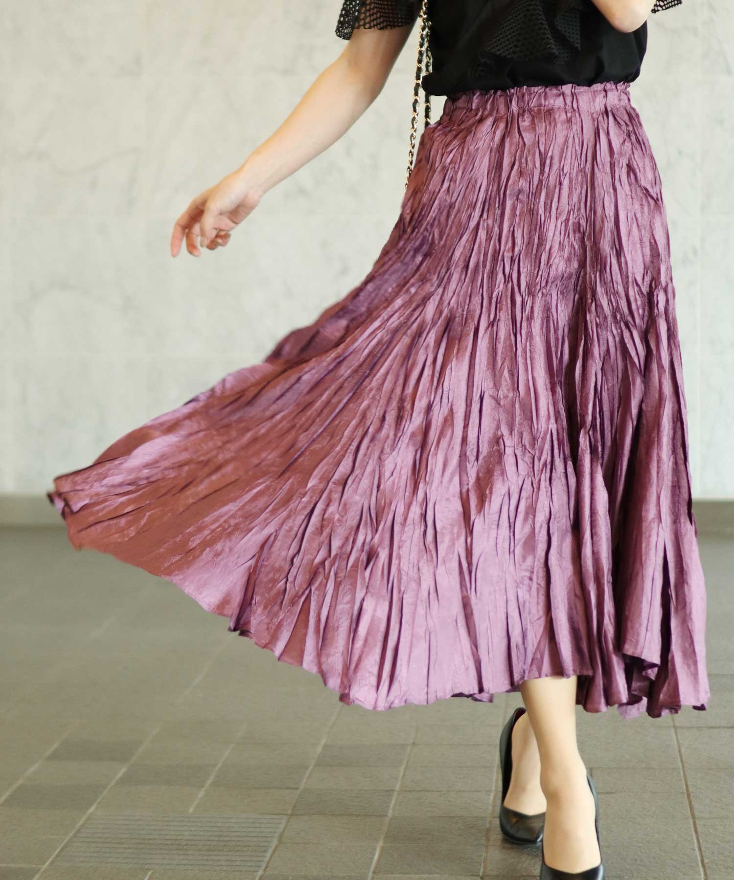 Sawa 国内送料無料 【ポイント10倍】 a la mode美しい艶めきのロングフレアスカート