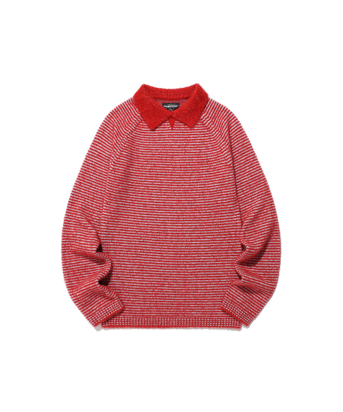 STRIPE COLLAR L/S KNIT TEE_RED (NG2FSUK640A) — вязаная футболка с длинным рукавом и полосатым воротником, красная