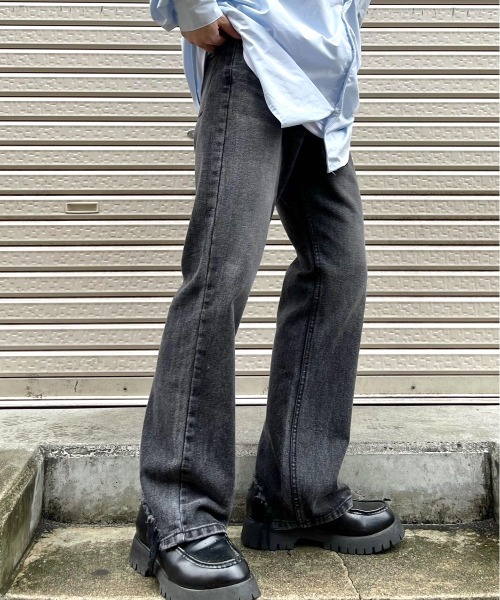 Chikashitsu + Chikashitsu+ チカシツプラス flare damage フレアパンツ pants denim 最大67%OFFクーポン 国内即発送 デニムパンツ フレアデニム ビンテージ加工