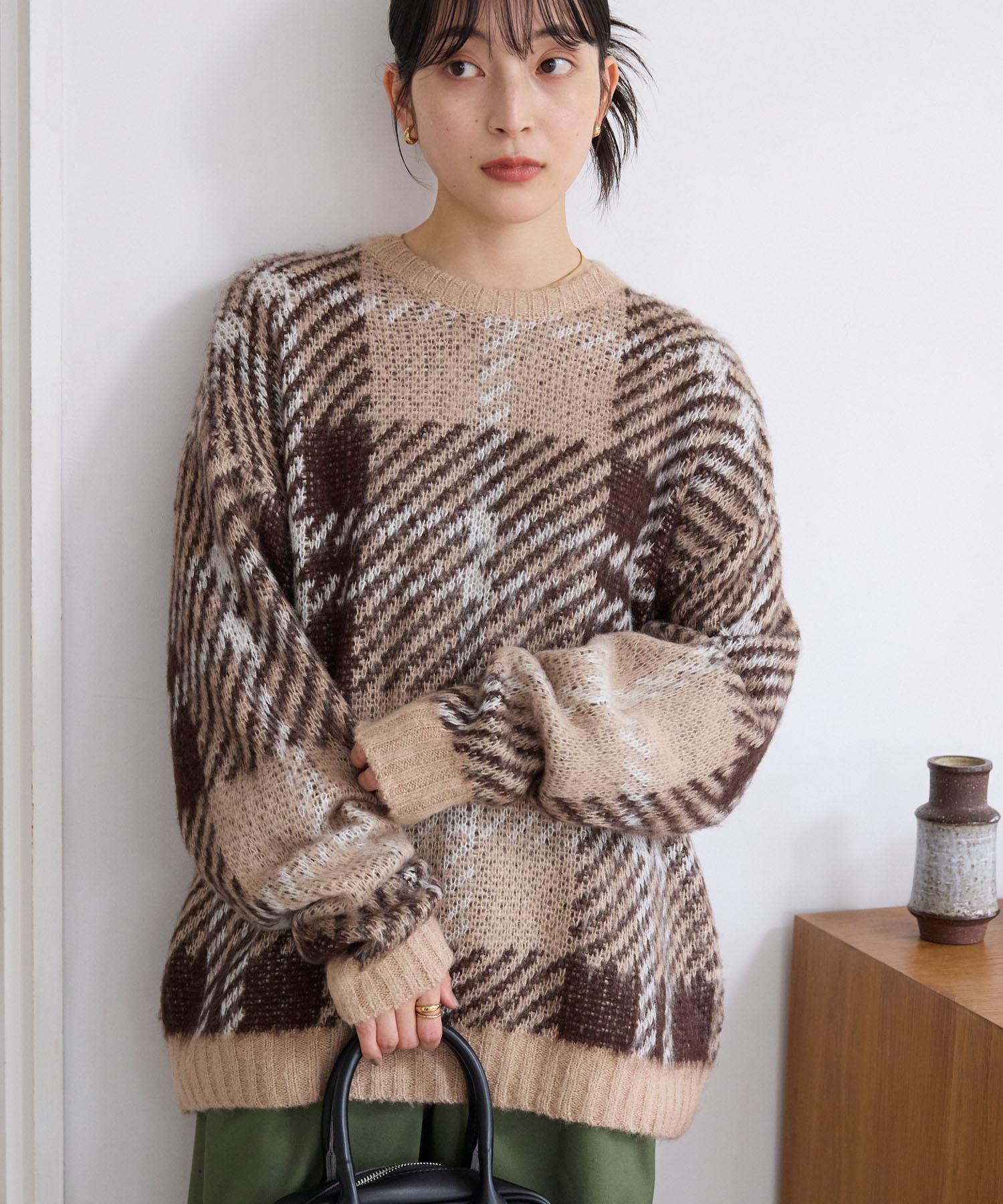 チェック柄ジャガード ビッグシルエット クルーネック ウォッシャブル