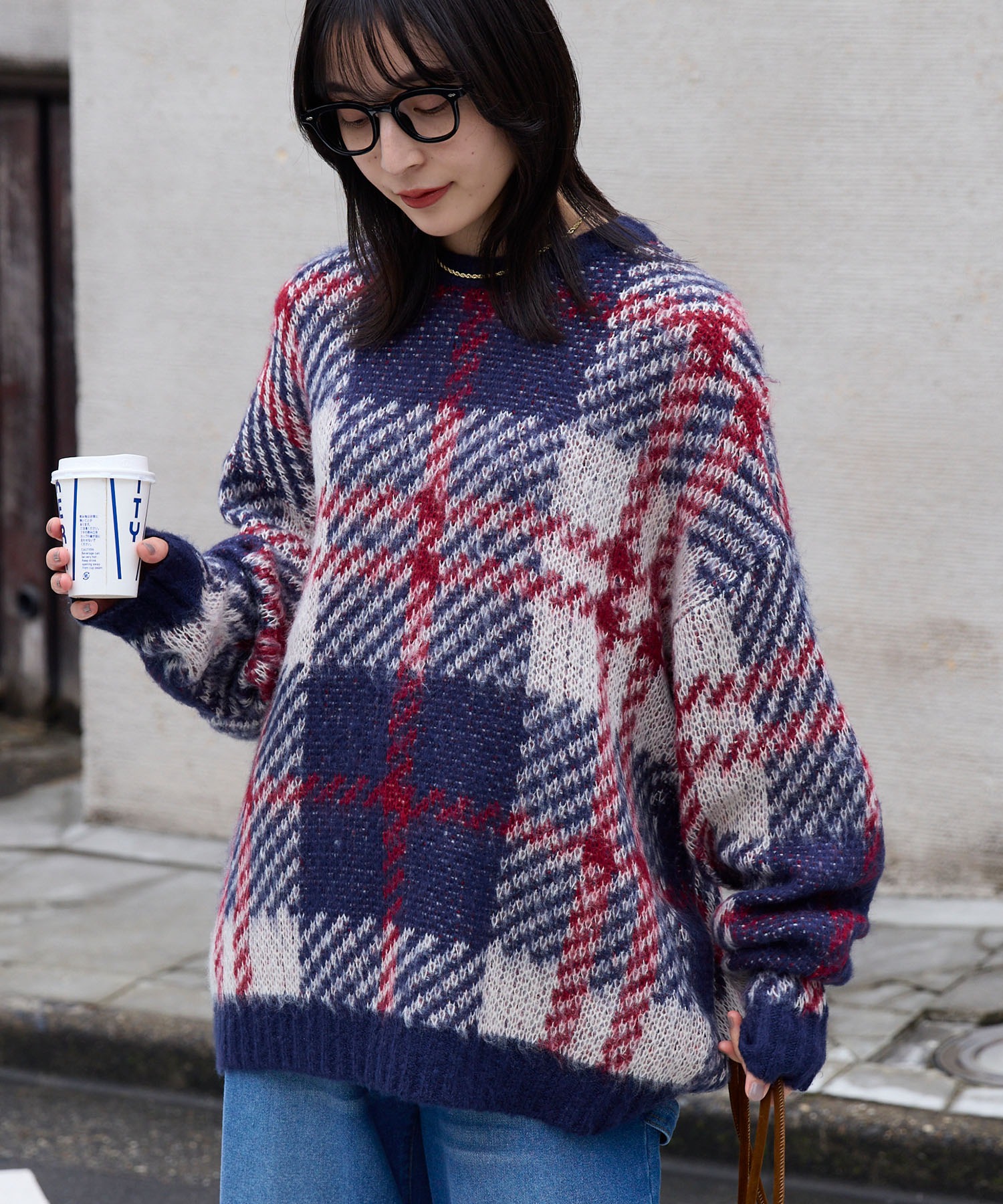 チェック柄ジャガード ビッグシルエット クルーネック