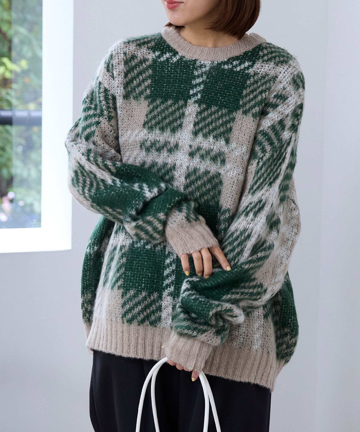 チェック柄ジャガード ビッグシルエット クルーネック