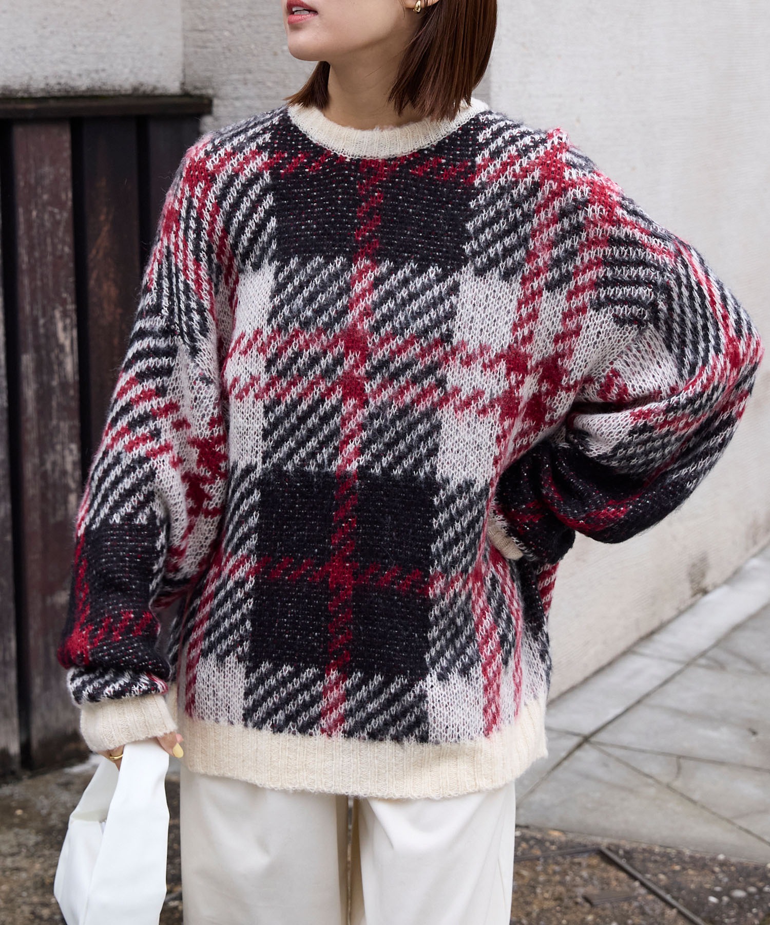 チェック柄ジャガード ビッグシルエット クルーネック チェック柄ジャガード ビッグシルエット クルーネック