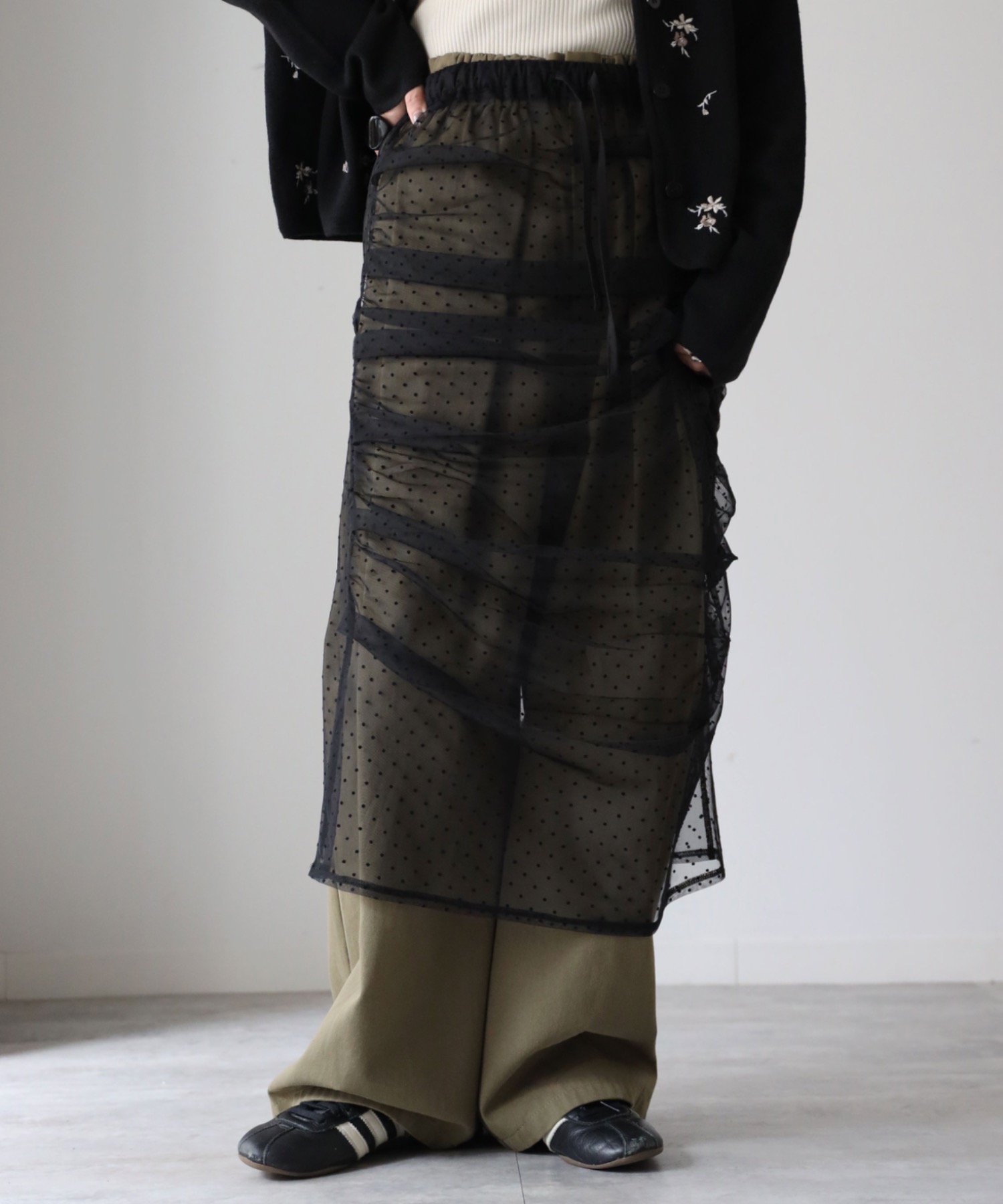 model：164cm. 着用サイズ：FREE,  チュールドット