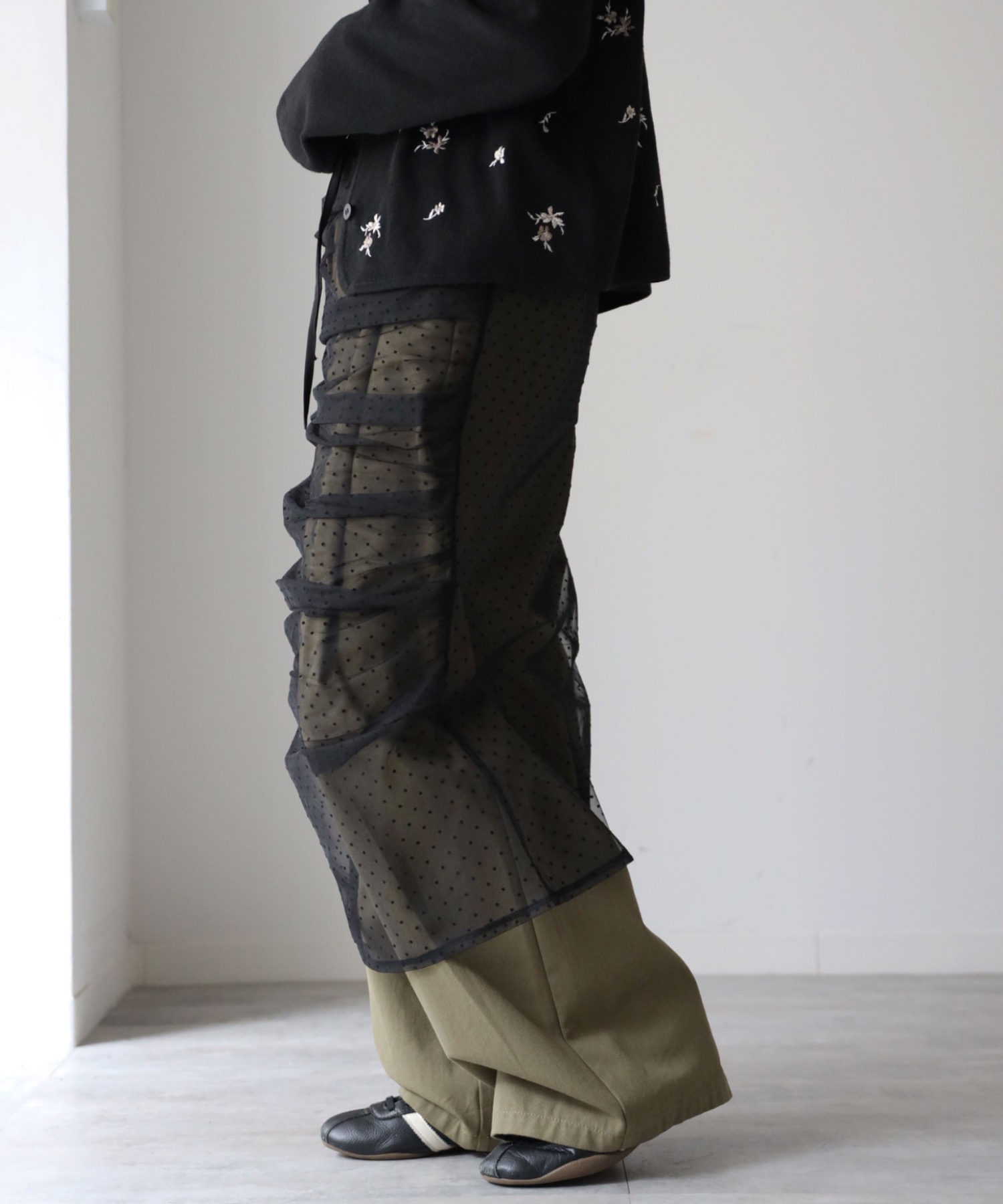 model：164cm. 着用サイズ：FREE,  チュールドット