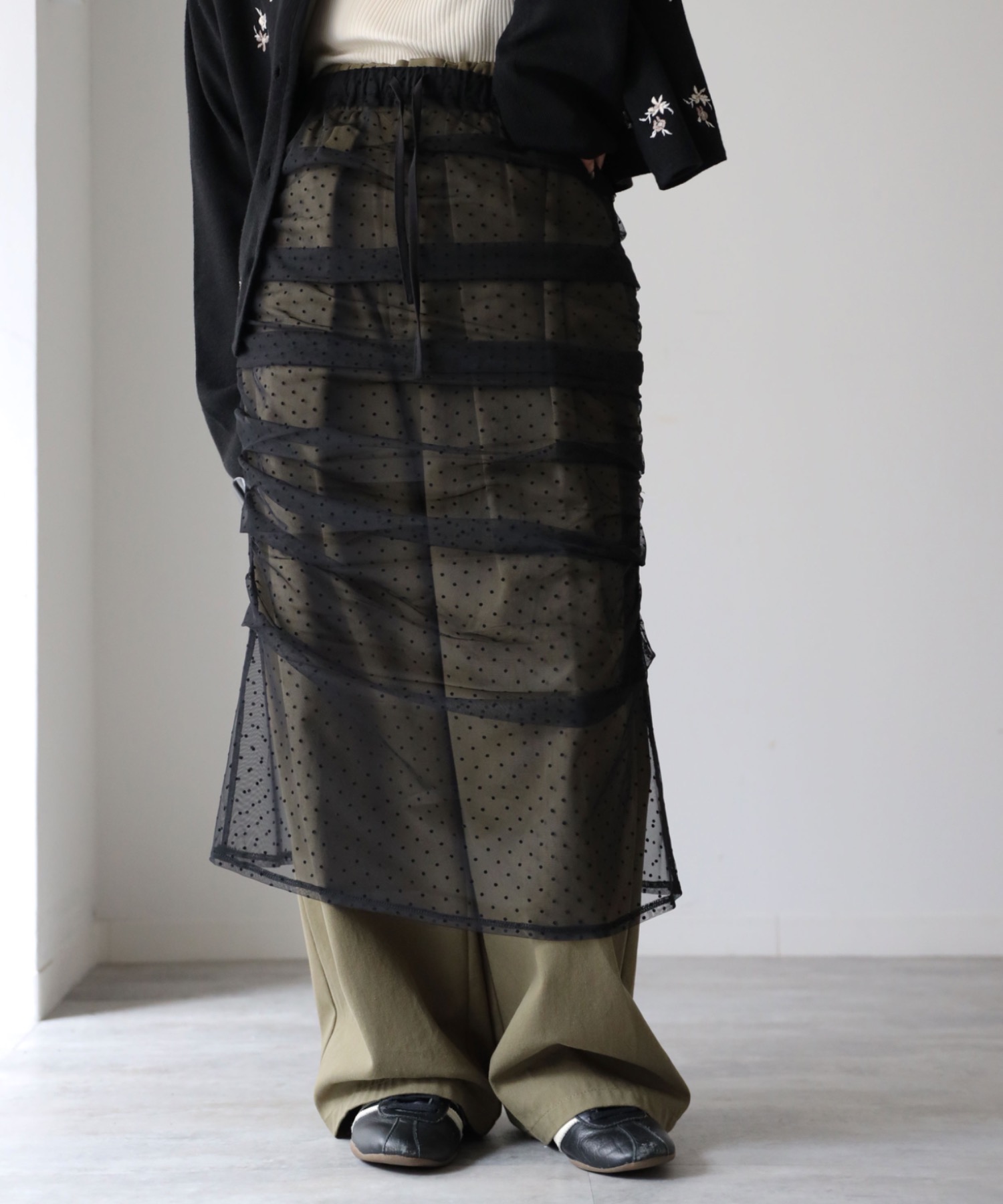 model：164cm. 着用サイズ：FREE,  チュールドット