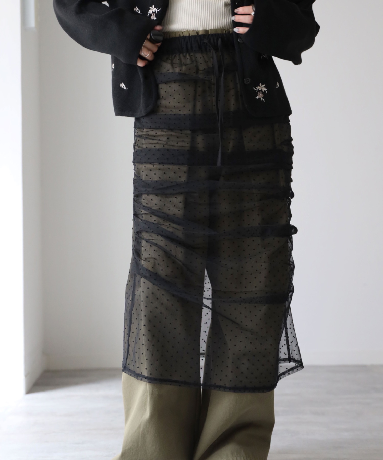 model：164cm. 着用サイズ：FREE,  チュールドット