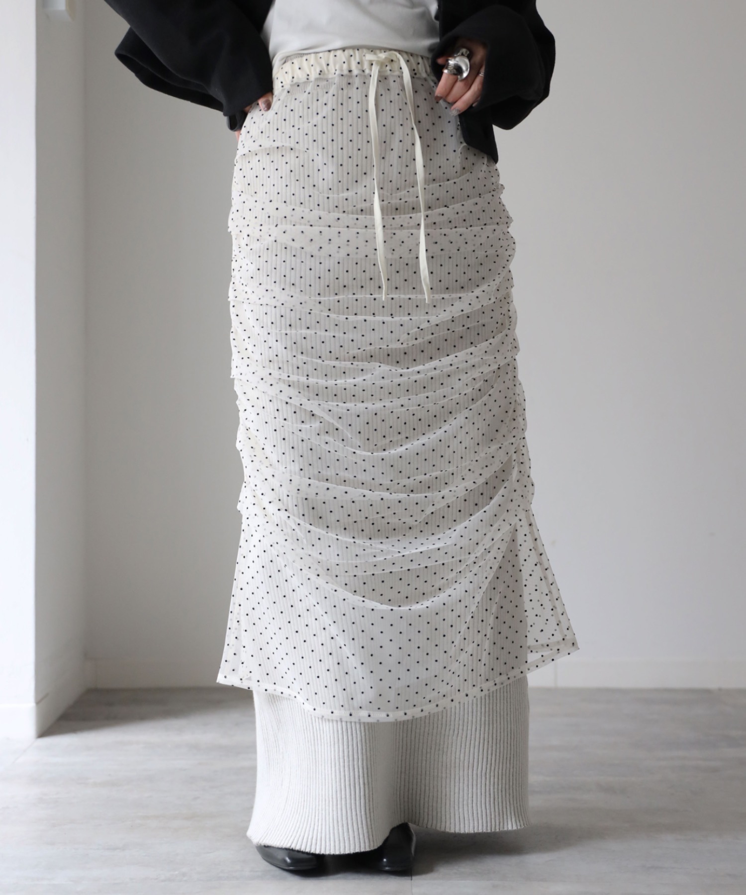 model：164cm. 着用サイズ：FREE,  チュールドット