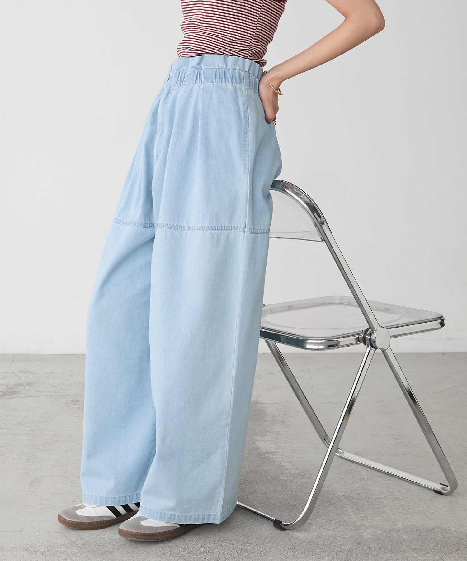 forksy.】ウエストタックギャザー ライトオンス デニムワイドパンツ