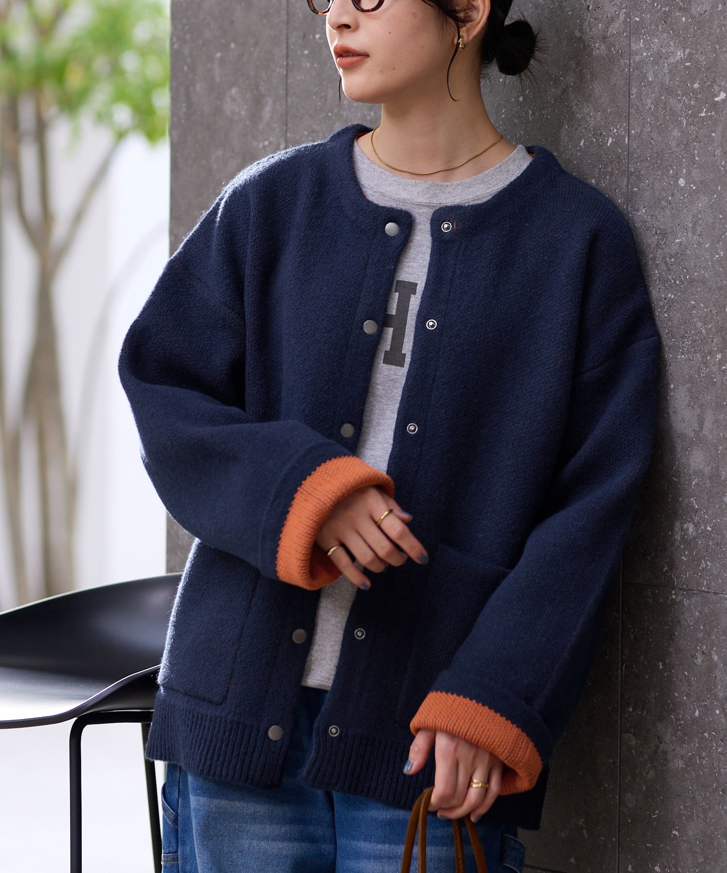 ウォッシャブル 裏配色 スナップボタン ニットカーディガン【THE CRAFT