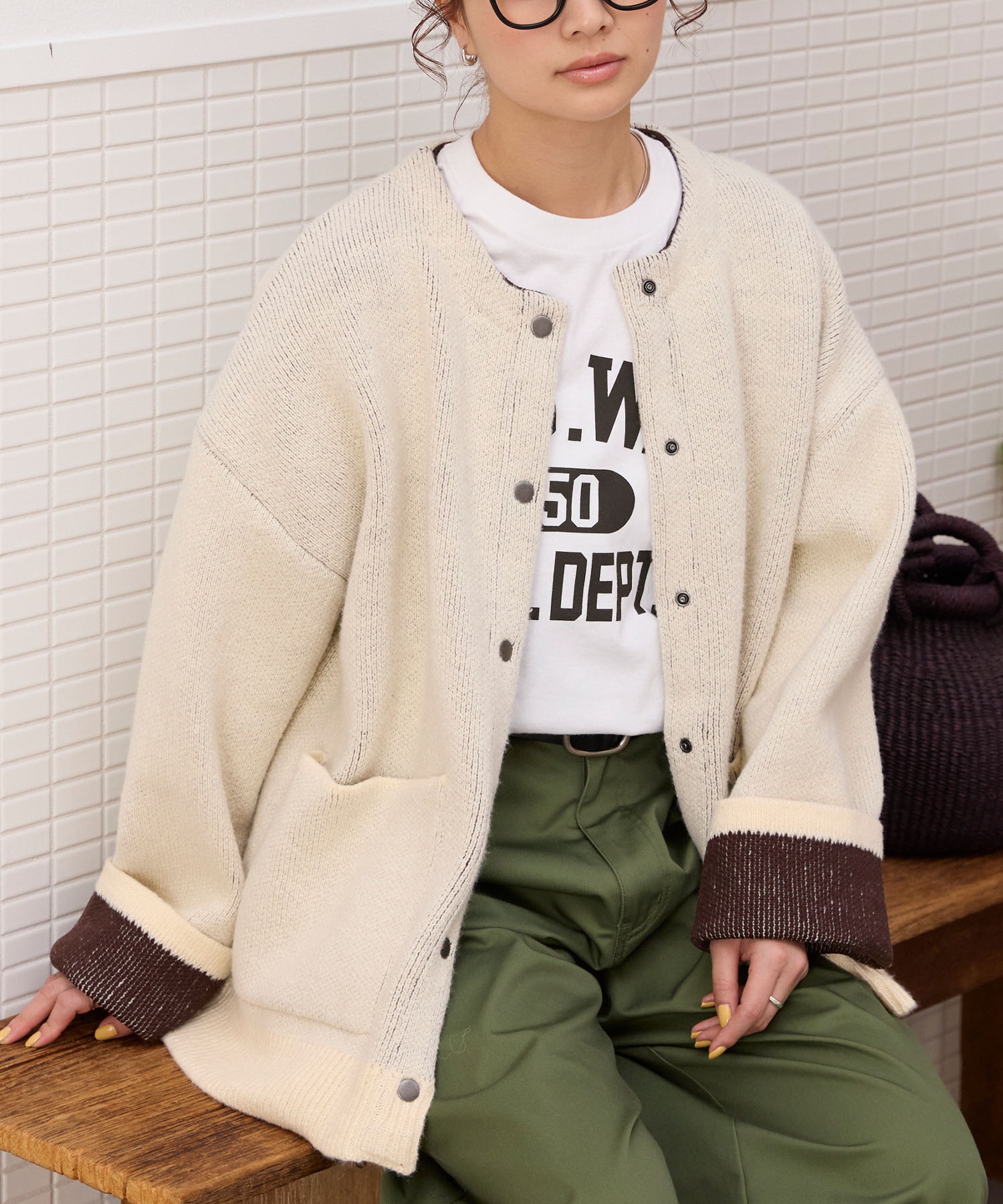 ウォッシャブル 裏配色 スナップボタン ニットカーディガン【THE CRAFT