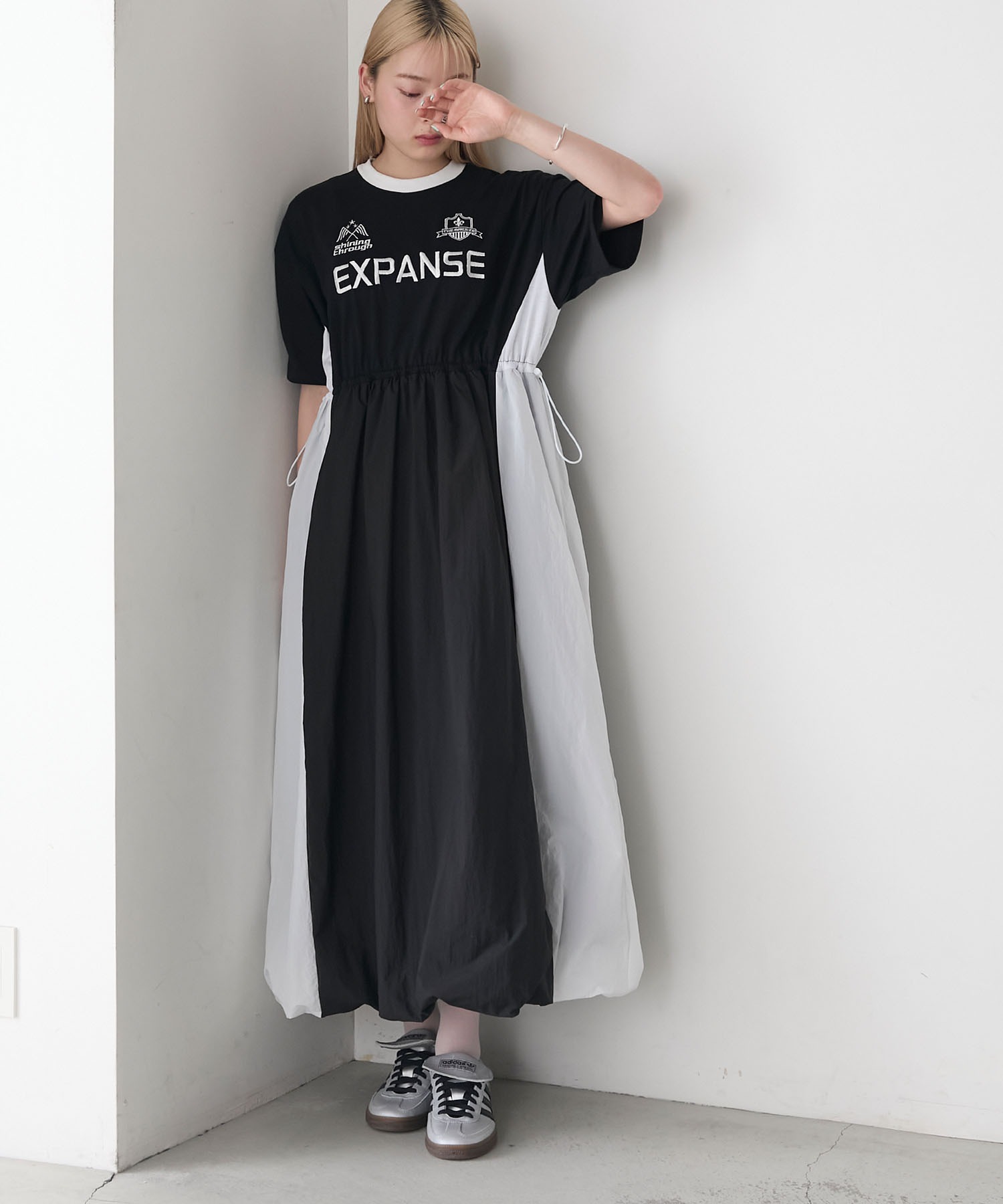 forksy.】ナイロン×カットソードッキング 半袖バルーンワンピース