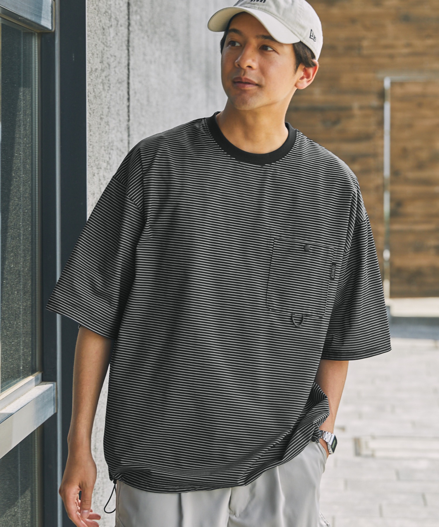 【THE Craft CREW PRODUCTS】テックファブリック ドローコード ビッグシルエット クルーネックポケット半袖Tシャツ / 接触冷感・吸水速乾 | トップス Tシャツ/カットソー / メンズ / ブラック系 / S