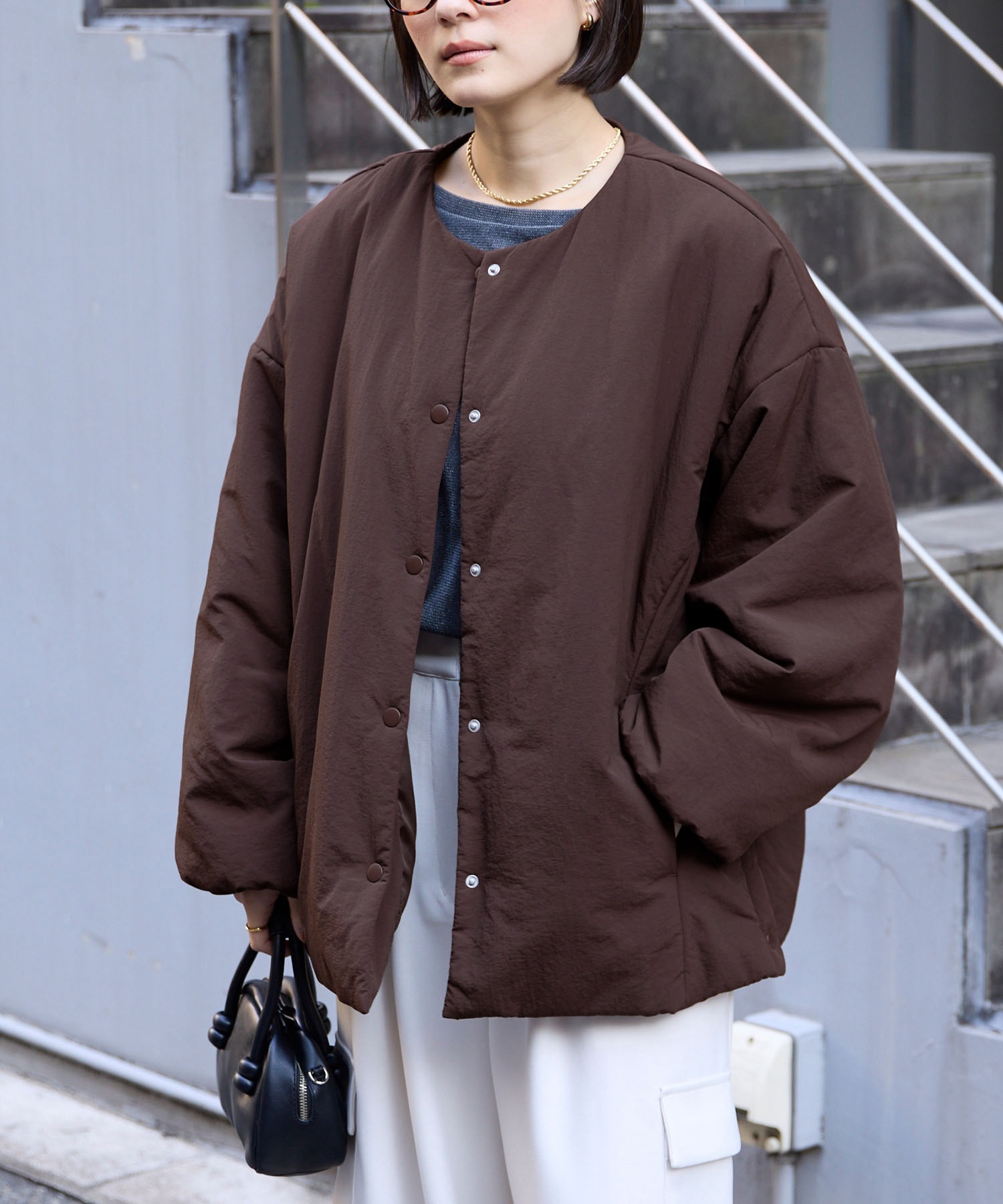 2WAY ノーカラー オーバーサイズ 中綿ブルゾン ジャケット MONO