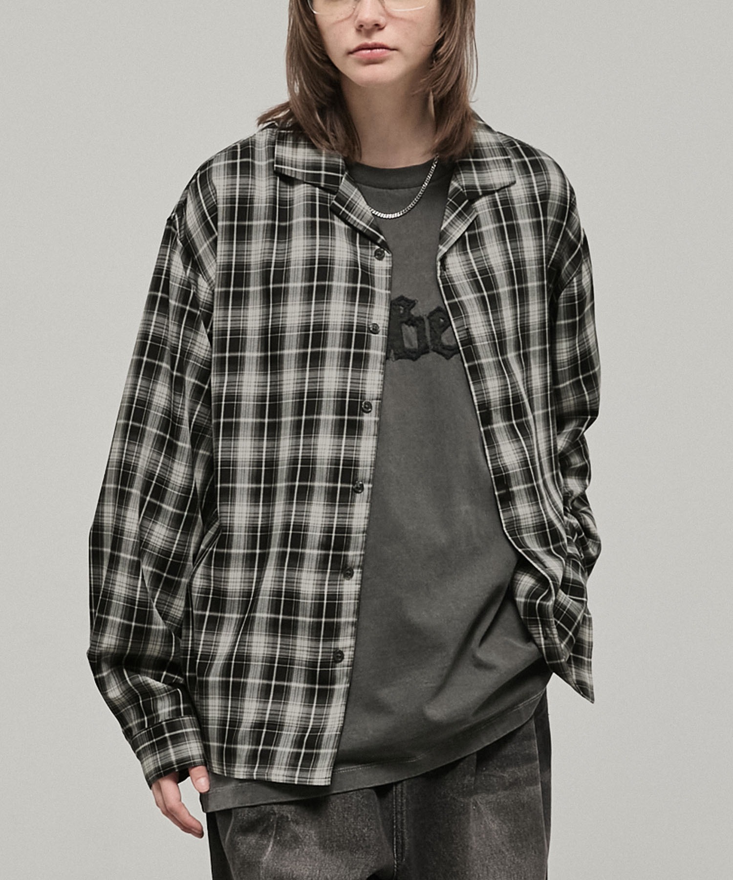 Alfred Alex】Drapy Open Collar Check Shirt / オープンカラー