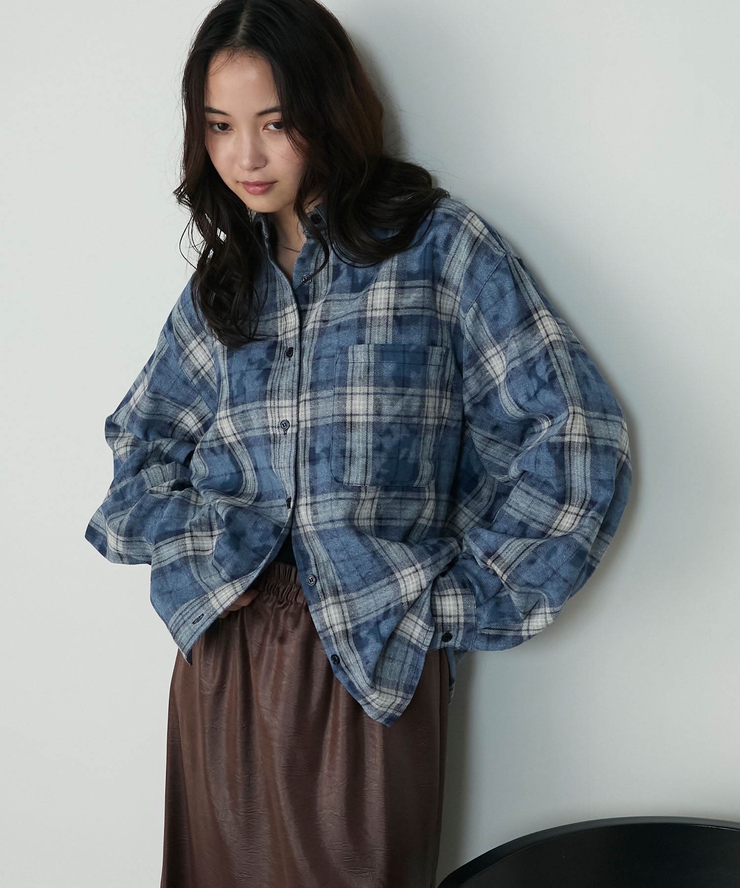 【forksy.】ブリーチ加工オンブレチェックオーバーサイズシャツ