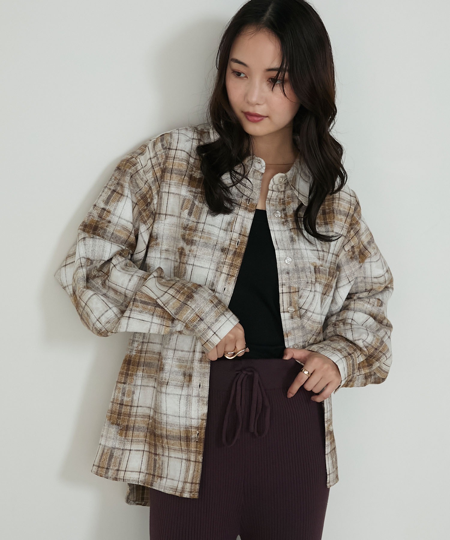 forksy.】ブリーチ加工オンブレチェックオーバーサイズシャツ forksy