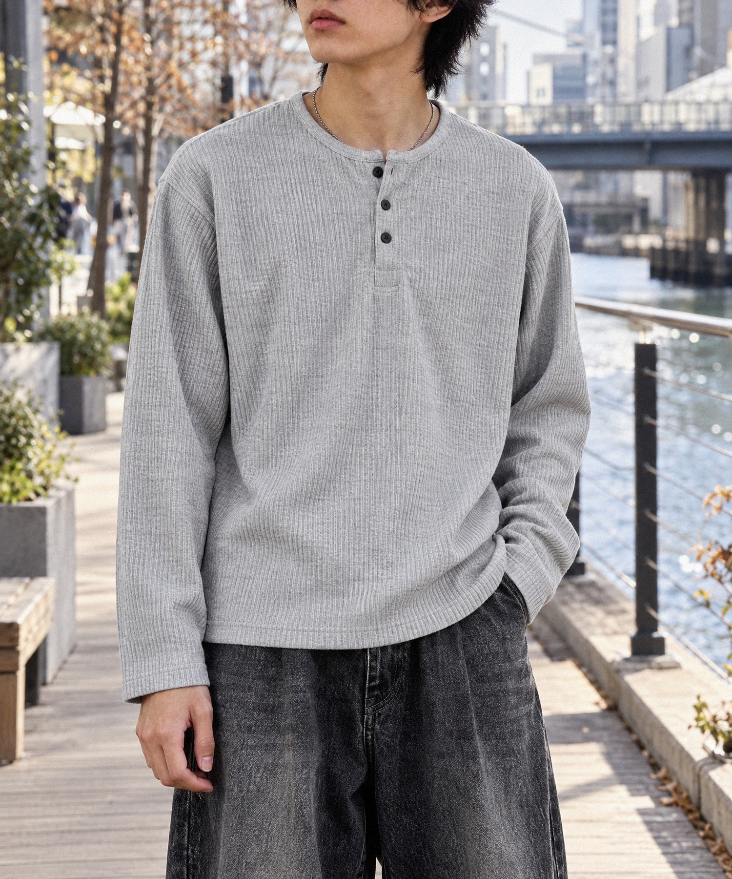 テレコリブ ヘンリーネック コンパクト ベーシック長袖Tシャツ MONO