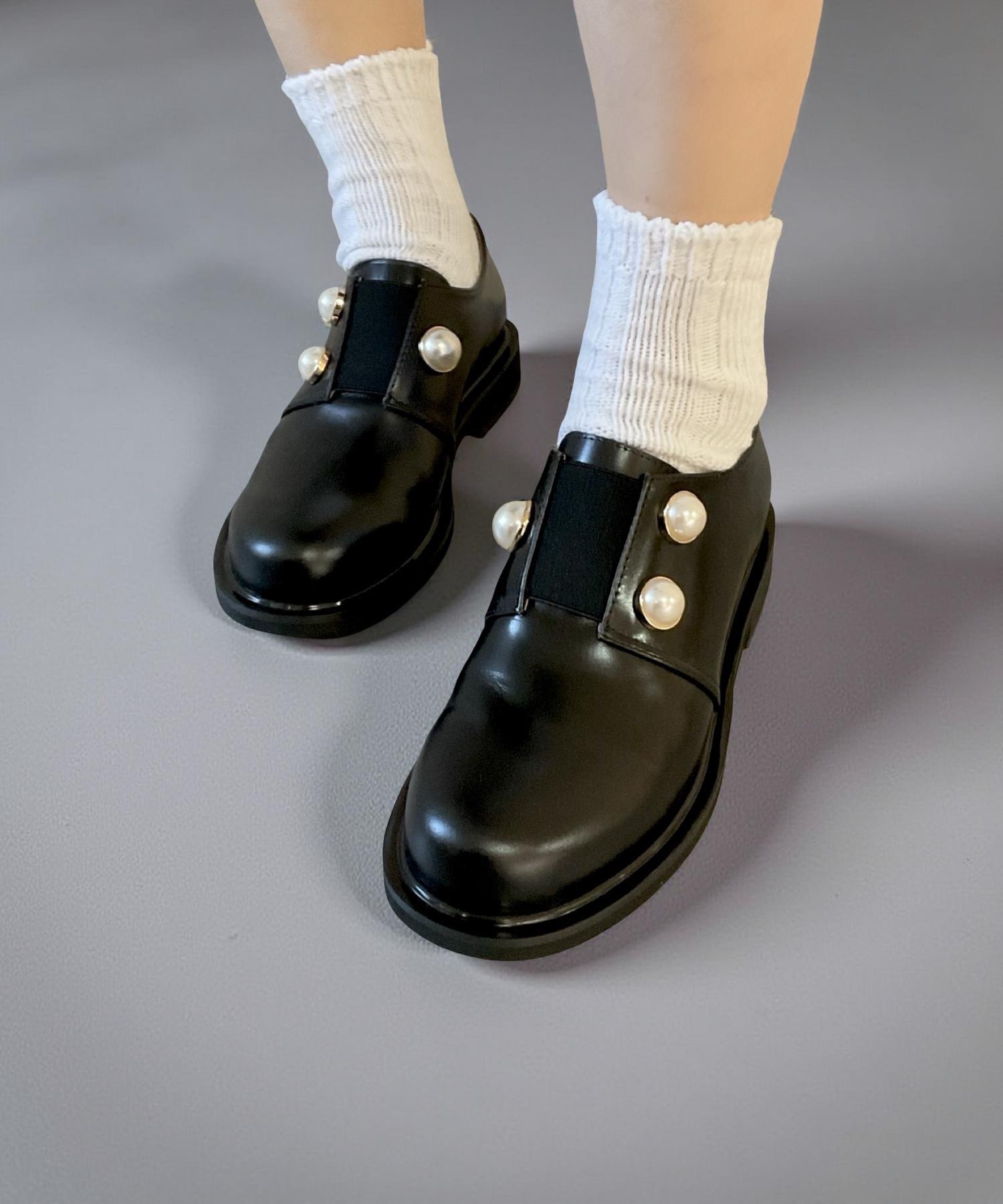 039 さま専用 2.7cmヒール/フロントゴム】パールデザイン ローファー ALL BLACK