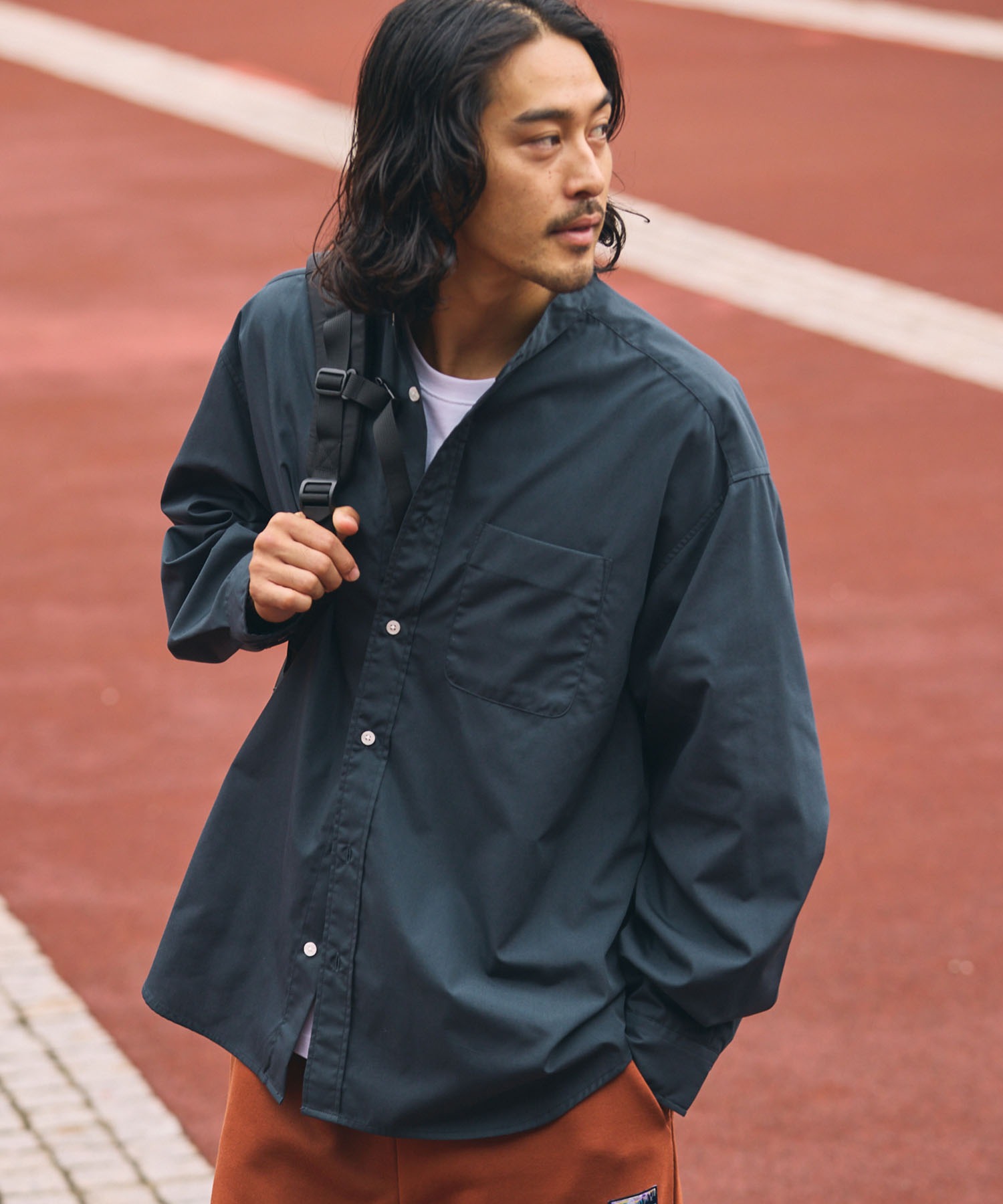 MULTI FUNCTIONALシリーズ】オーバーサイズ バンドカラー 長袖シャツ