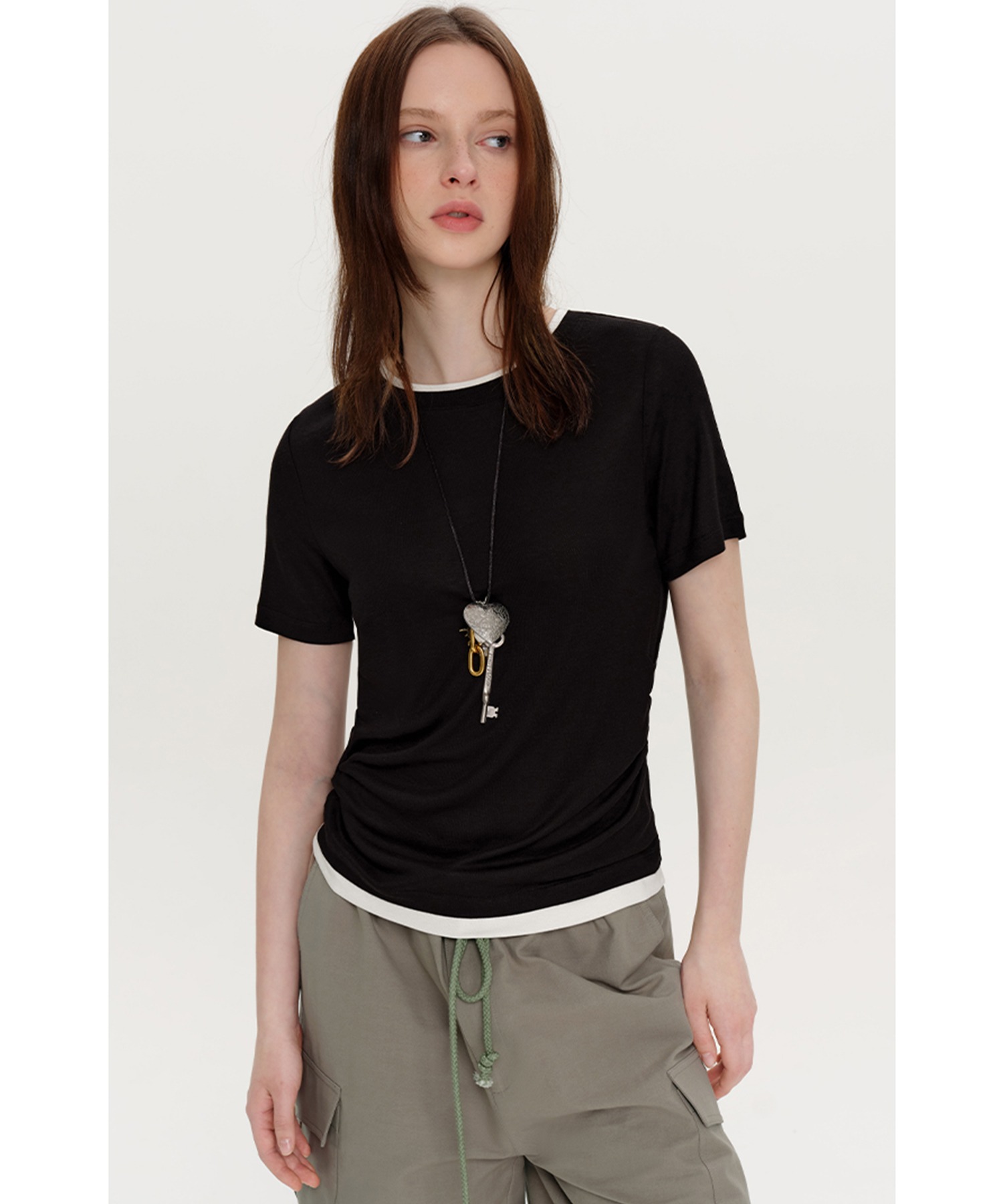 レイヤードデザイン サイドギャザー 半袖Tシャツ FX25S288【Fano