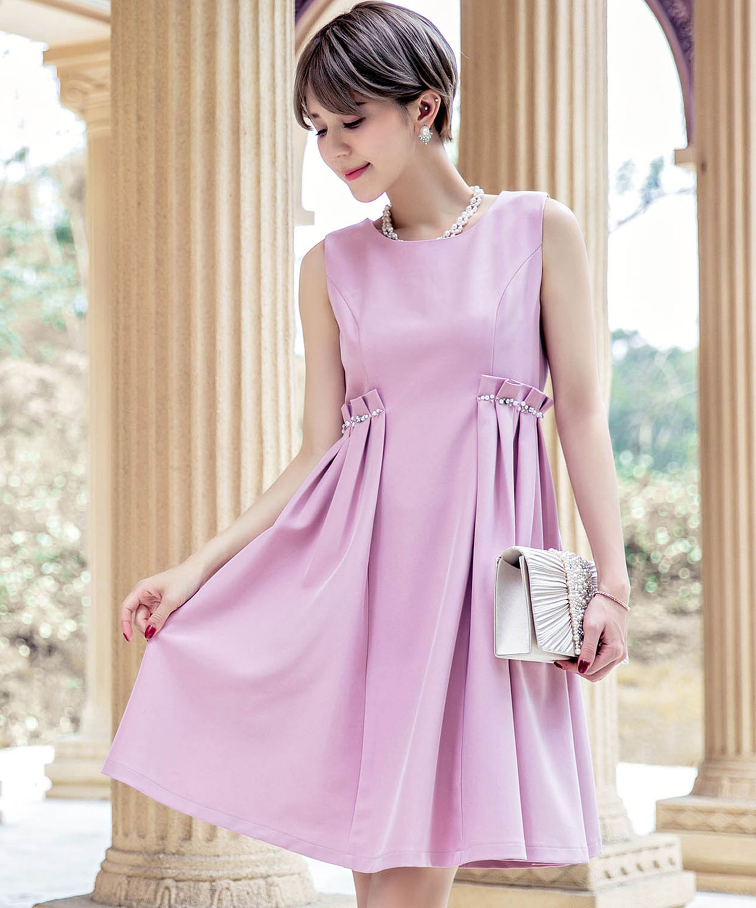 サイドギャザー パールデザインaラインフレアワンピース Urban Tales Com