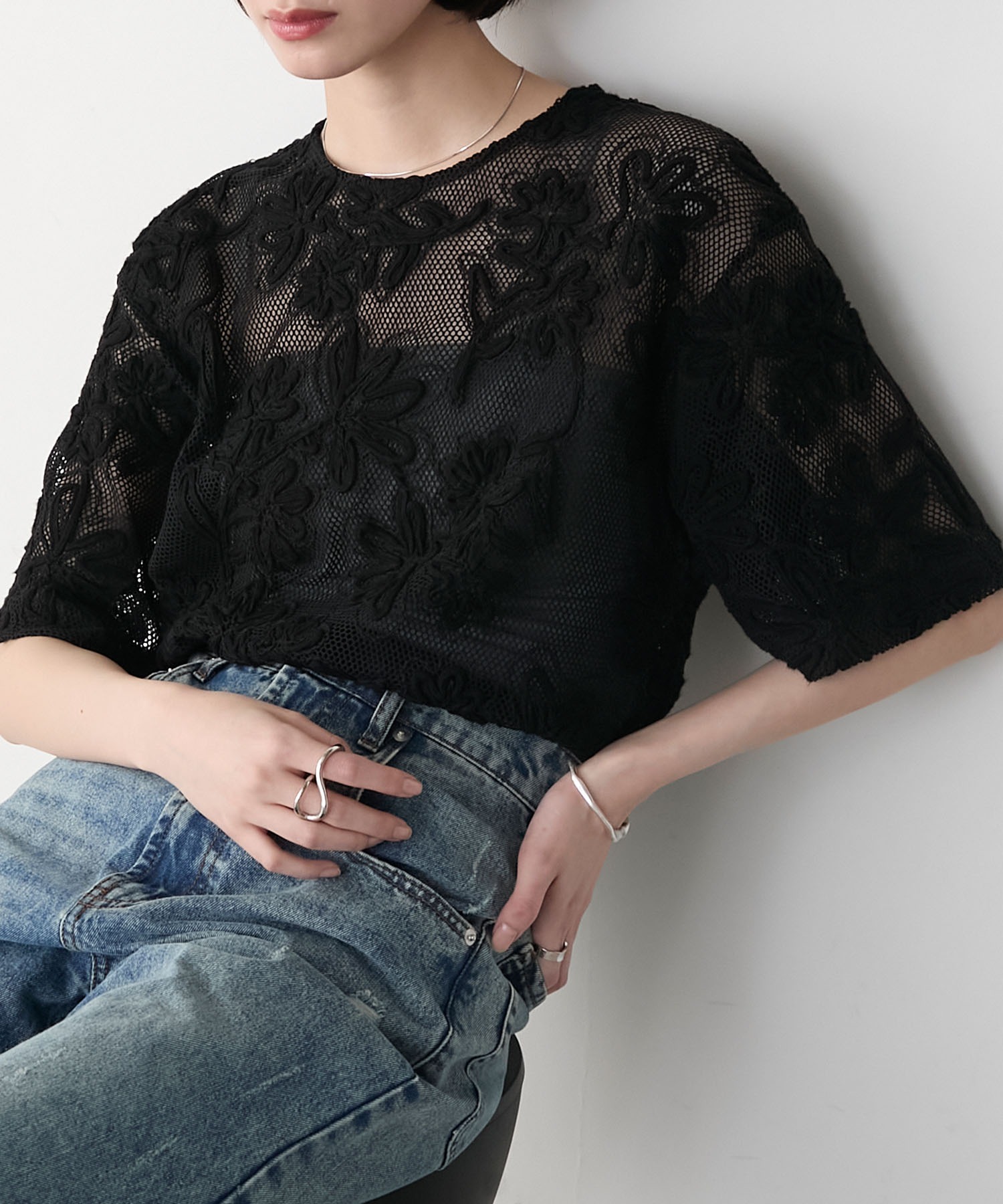 forksy.】フラワーコードデザイン メッシュ半袖Tシャツ forksy