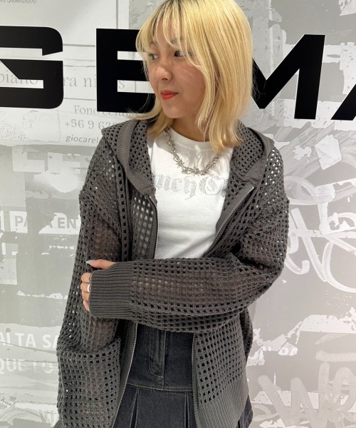 【A’GEM/9 × .kom】メッシュダメージ加工ニットパーカー M グレー A'GEM/9 × .kom 『.KOM/ドットケーオーエム』 ダメージニット