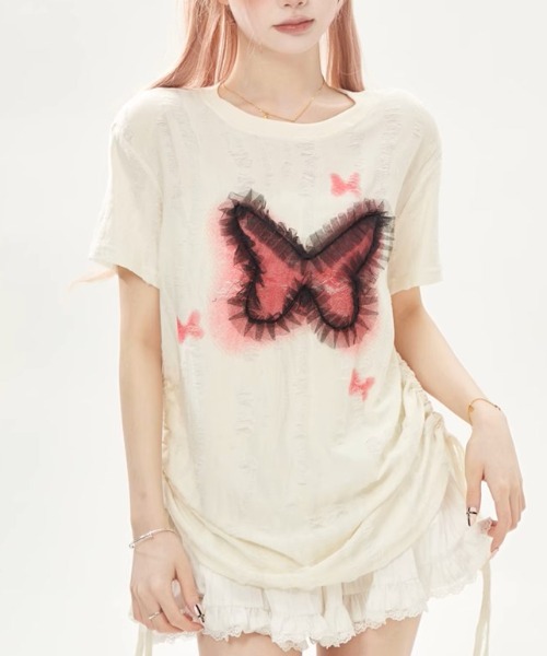 専用【KPOPアイドル着用】新品タグ付き　クレージュ　コントラストトリムTシャツ A'GEM/9 × .kom 『.KOM/ドットケーオーエム』 サイドギャザー蝶T