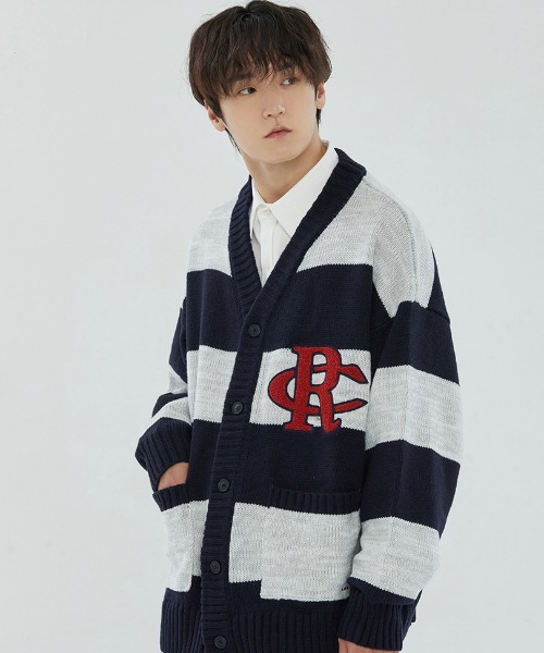 A'GEM/9 × .kom『ROMANTIC CROWN/ロマンティッククラウン』ATHLETIC LOGO STRIPE KNIT CARDIGAN/ステッチニット  カーディガン 韓国ブランドセレクト│A'GEM/9×.KOM【公式】｜韓国・ストリートブランド通販サイト エージェムナイン ドットケーオーエム