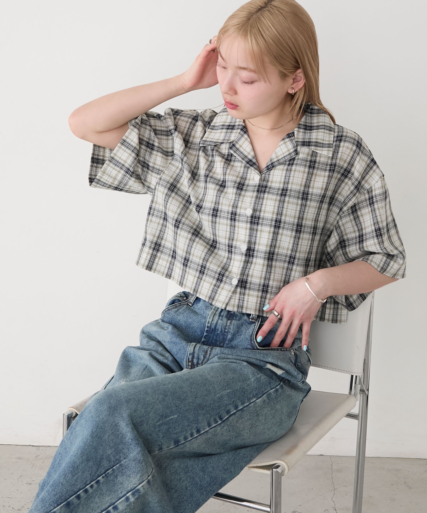 forksy.】マドラスチェック オープンカラー ショート丈シャツ forksy