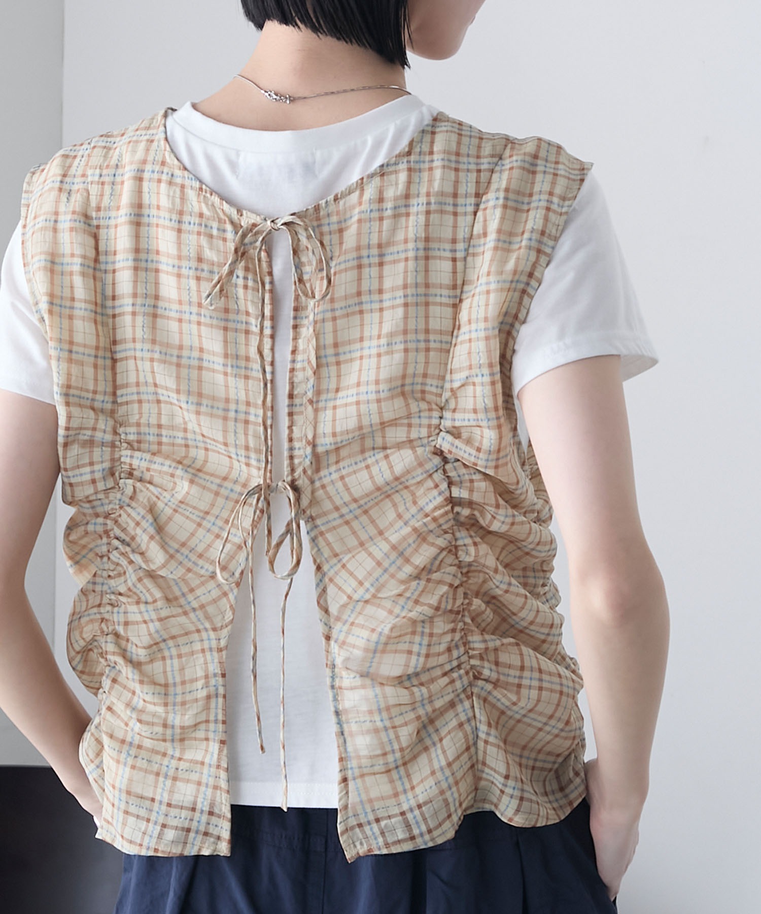 forksy.】シアー チェック柄 ノースリブラウス ＆ Tシャツ レイヤード