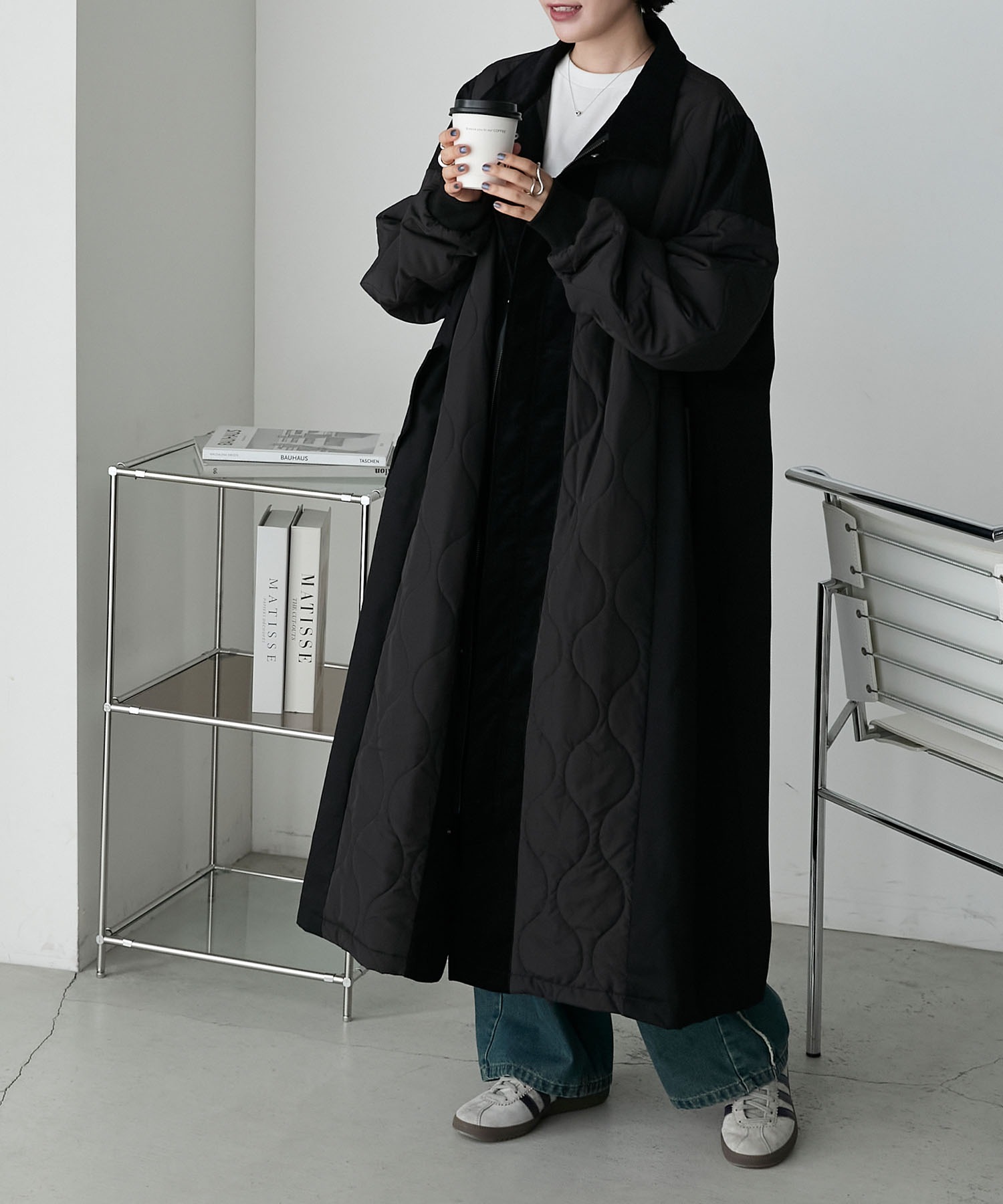 新品　ベースメントオンライン　ブラック キルティング ロングコート フード付き 新品 ベースメントオンライン ブラック キルティング ロング